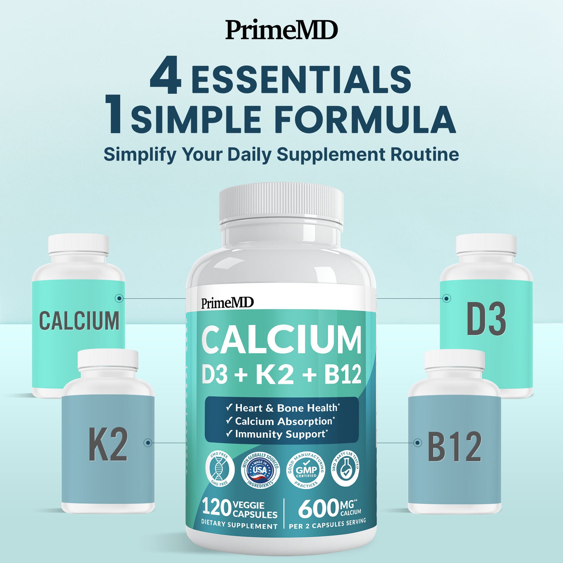 4-in-1 Calcium Supplements for Women and Men - Calcium with Vitamin D3 K2 5000 IU Supplement, 601mg per Serving for Heart, Bones & Body Defenses - Gluten-Free, Vegan-Friendly - PrimeMD