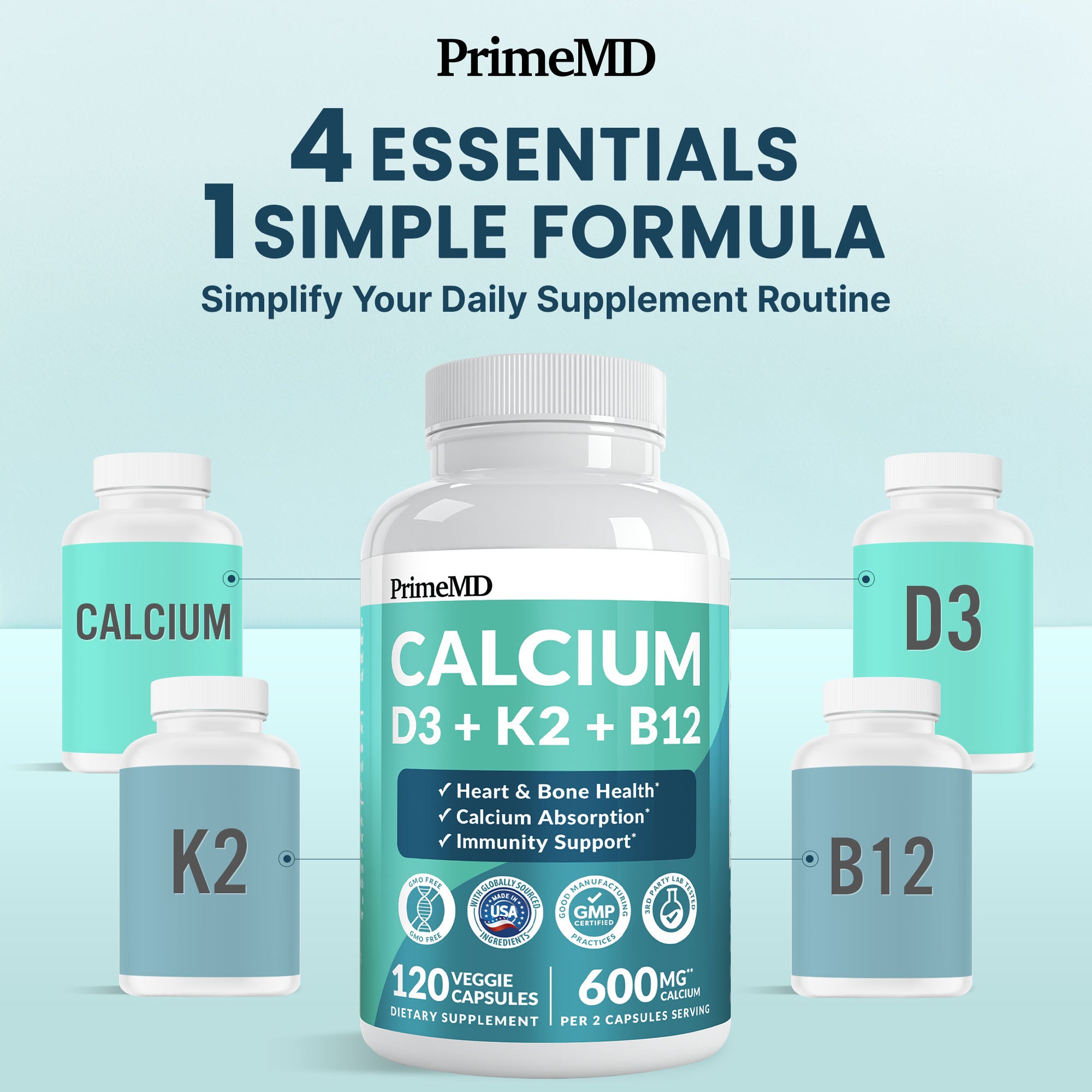 4-in-1 Calcium Supplements for Women and Men - Calcium with Vitamin D3 K2 5000 IU Supplement, 601mg per Serving for Heart, Bones & Body Defenses - Gluten-Free, Vegan-Friendly - PrimeMD