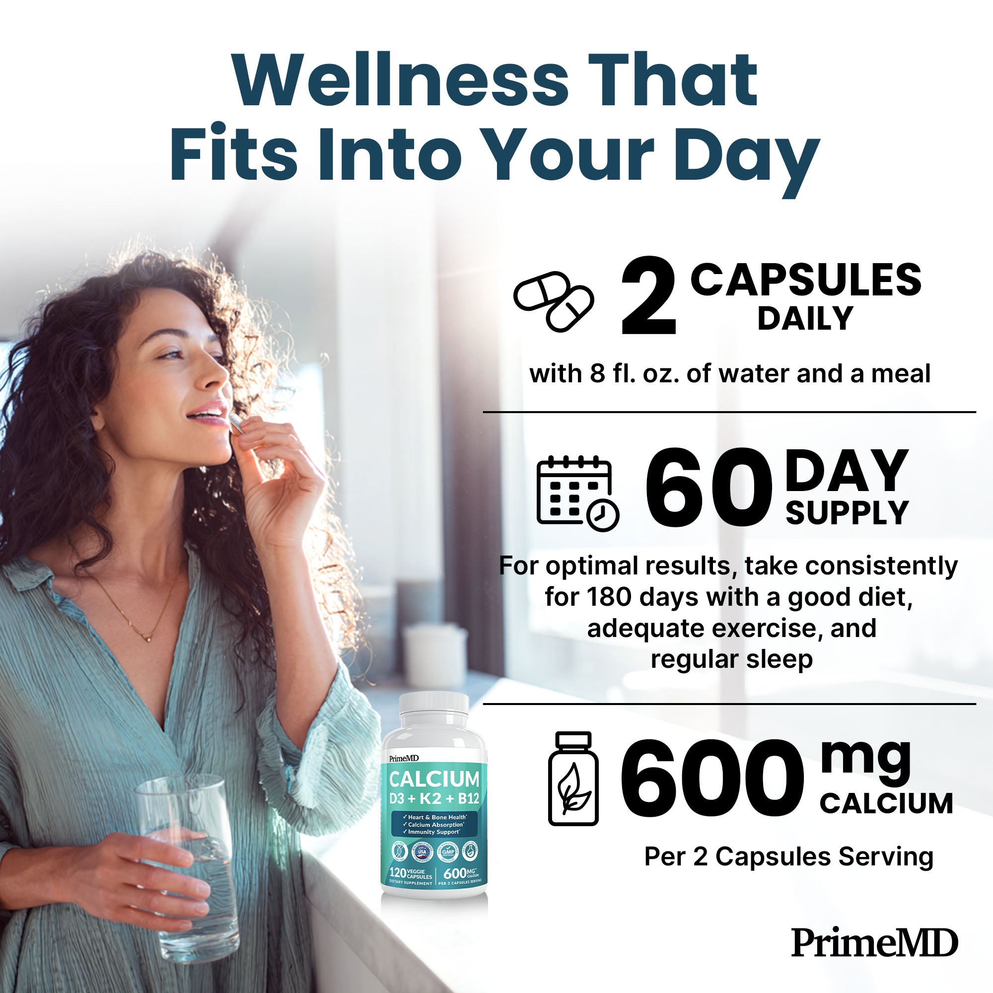 4-in-1 Calcium Supplements for Women and Men - Calcium with Vitamin D3 K2 5000 IU Supplement, 601mg per Serving for Heart, Bones & Body Defenses - Gluten-Free, Vegan-Friendly - PrimeMD
