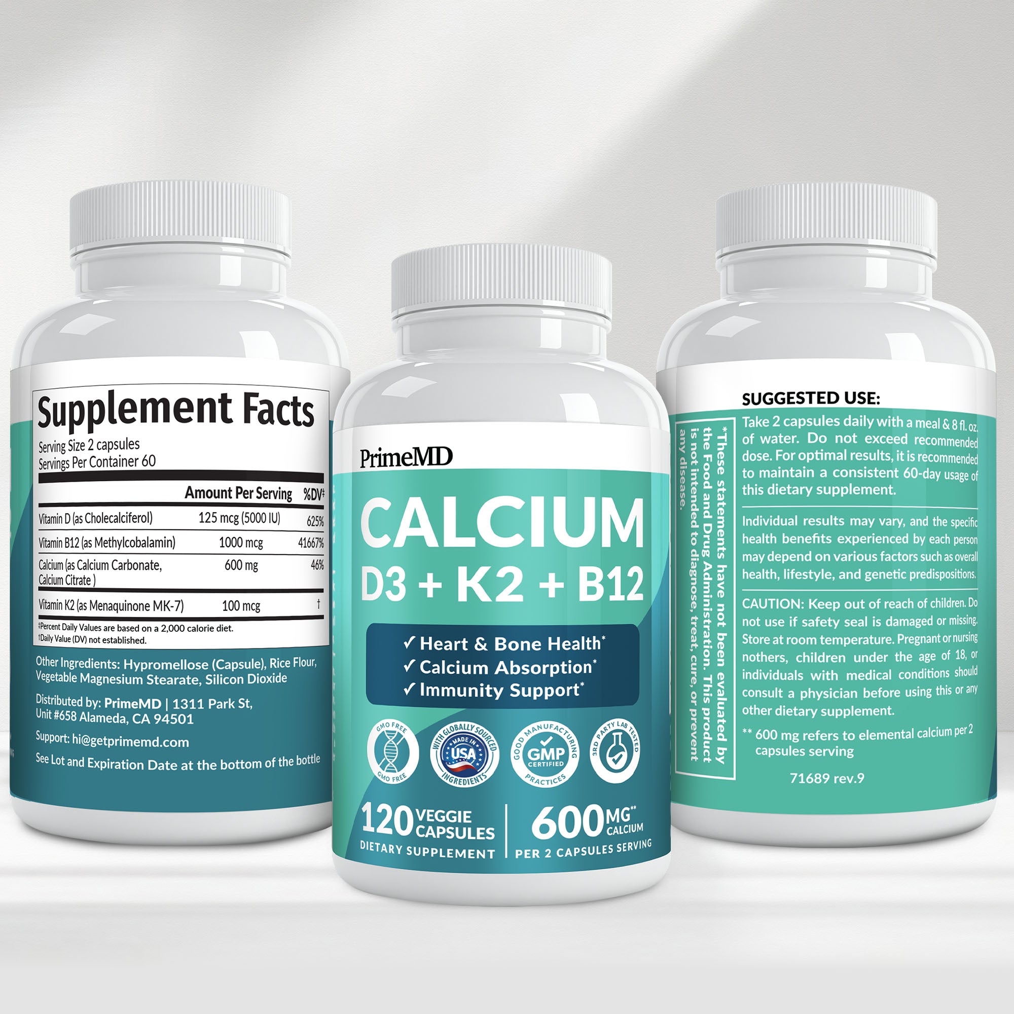4-in-1 Calcium Supplements for Women and Men - Calcium with Vitamin D3 K2 5000 IU Supplement, 601mg per Serving for Heart, Bones & Body Defenses - Gluten-Free, Vegan-Friendly - PrimeMD