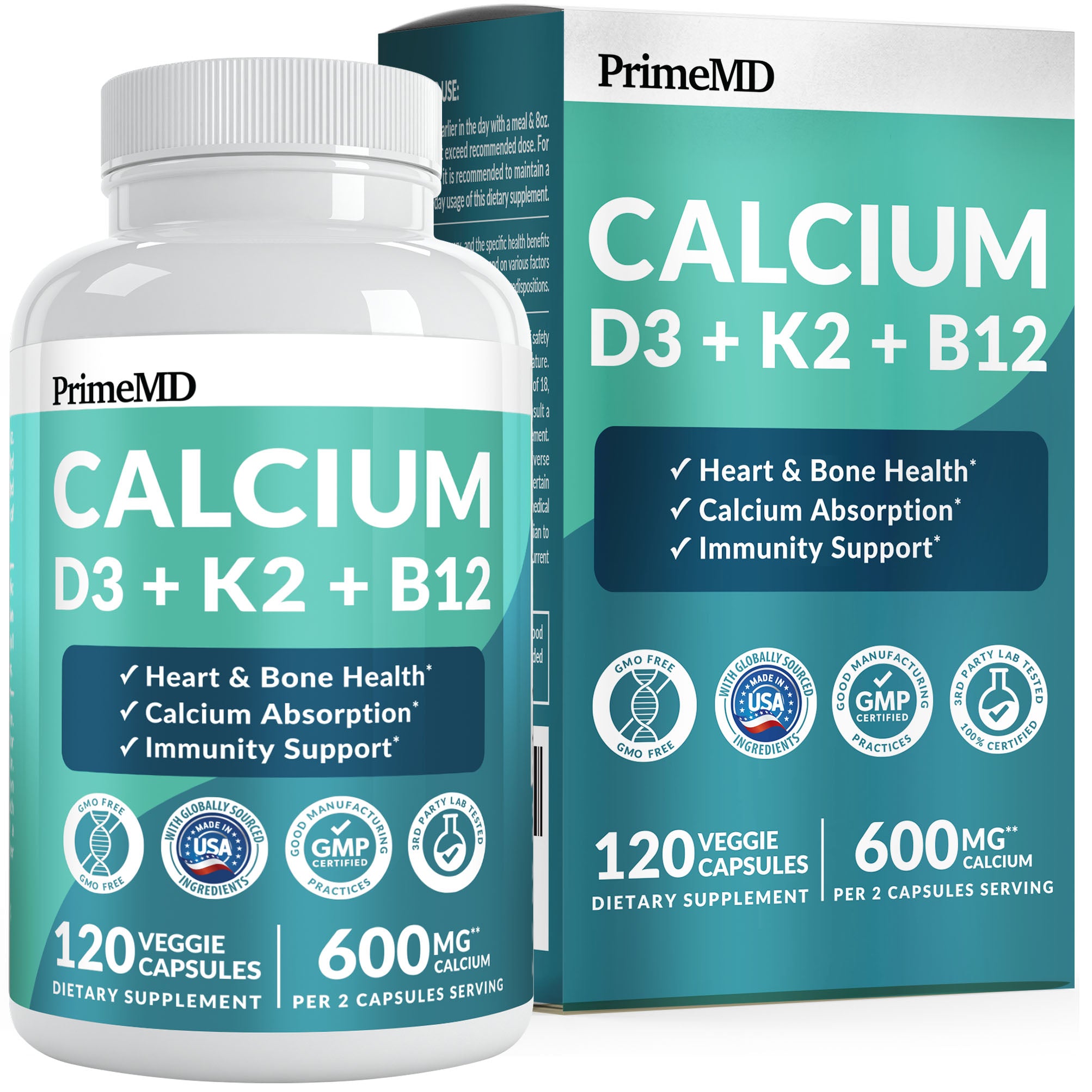4-in-1 Calcium Supplements for Women and Men - Calcium with Vitamin D3 K2 5000 IU Supplement, 601mg per Serving for Heart, Bones & Body Defenses - Gluten-Free, Vegan-Friendly - PrimeMD