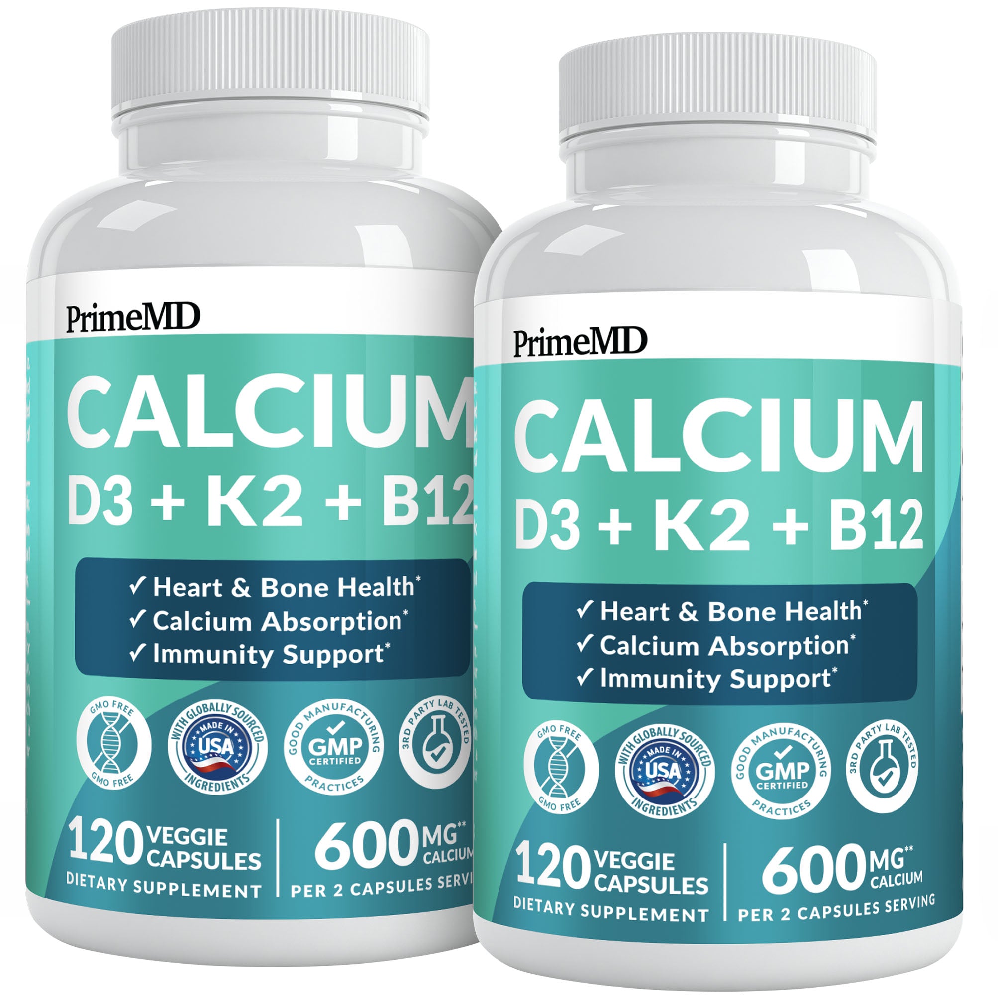 4-in-1 Calcium Supplements for Women and Men - Calcium with Vitamin D3 K2 5000 IU Supplement, 601mg per Serving for Heart, Bones & Body Defenses - Gluten-Free, Vegan-Friendly - PrimeMD