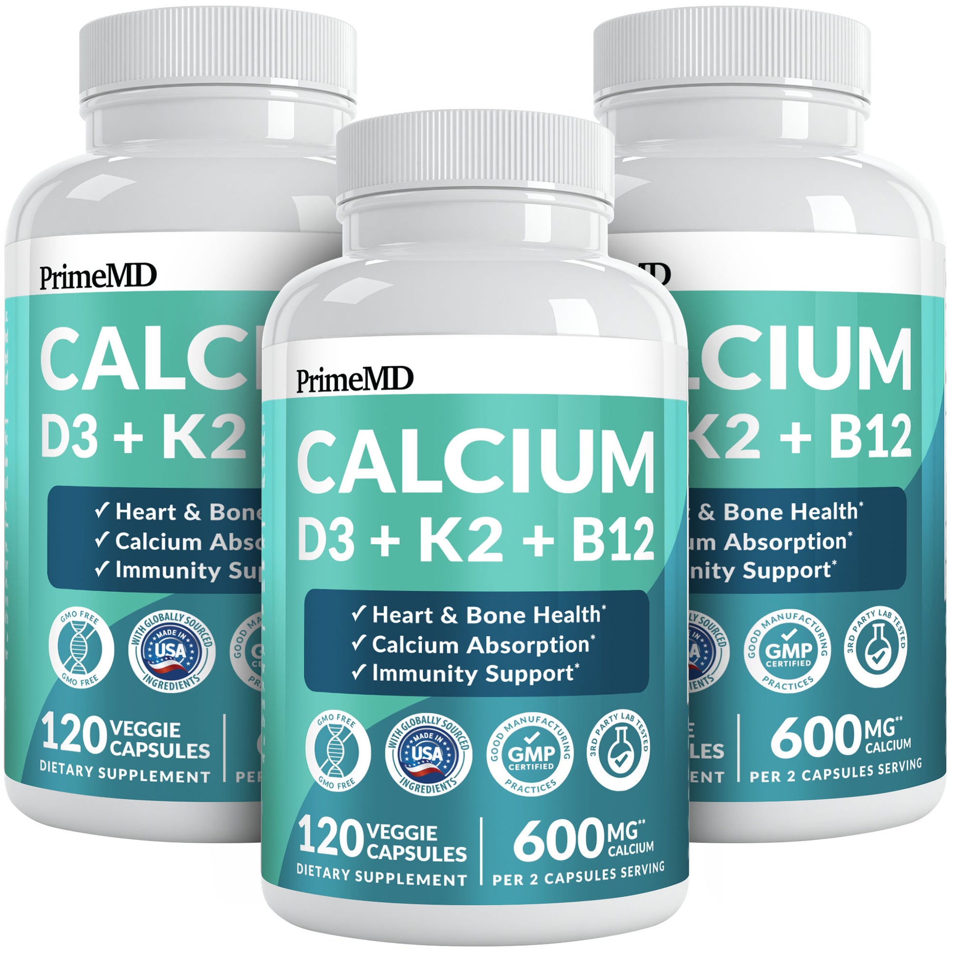 4-in-1 Calcium Supplements for Women and Men - Calcium with Vitamin D3 K2 5000 IU Supplement, 601mg per Serving for Heart, Bones & Body Defenses - Gluten-Free, Vegan-Friendly - PrimeMD
