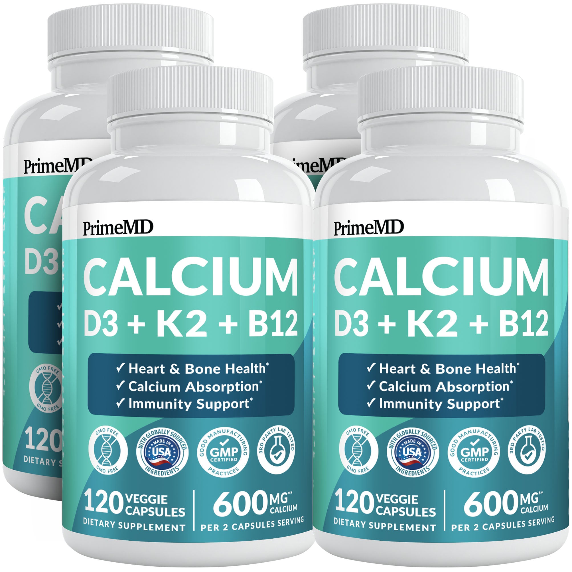 4-in-1 Calcium Supplements for Women and Men - Calcium with Vitamin D3 K2 5000 IU Supplement, 601mg per Serving for Heart, Bones & Body Defenses - Gluten-Free, Vegan-Friendly - PrimeMD
