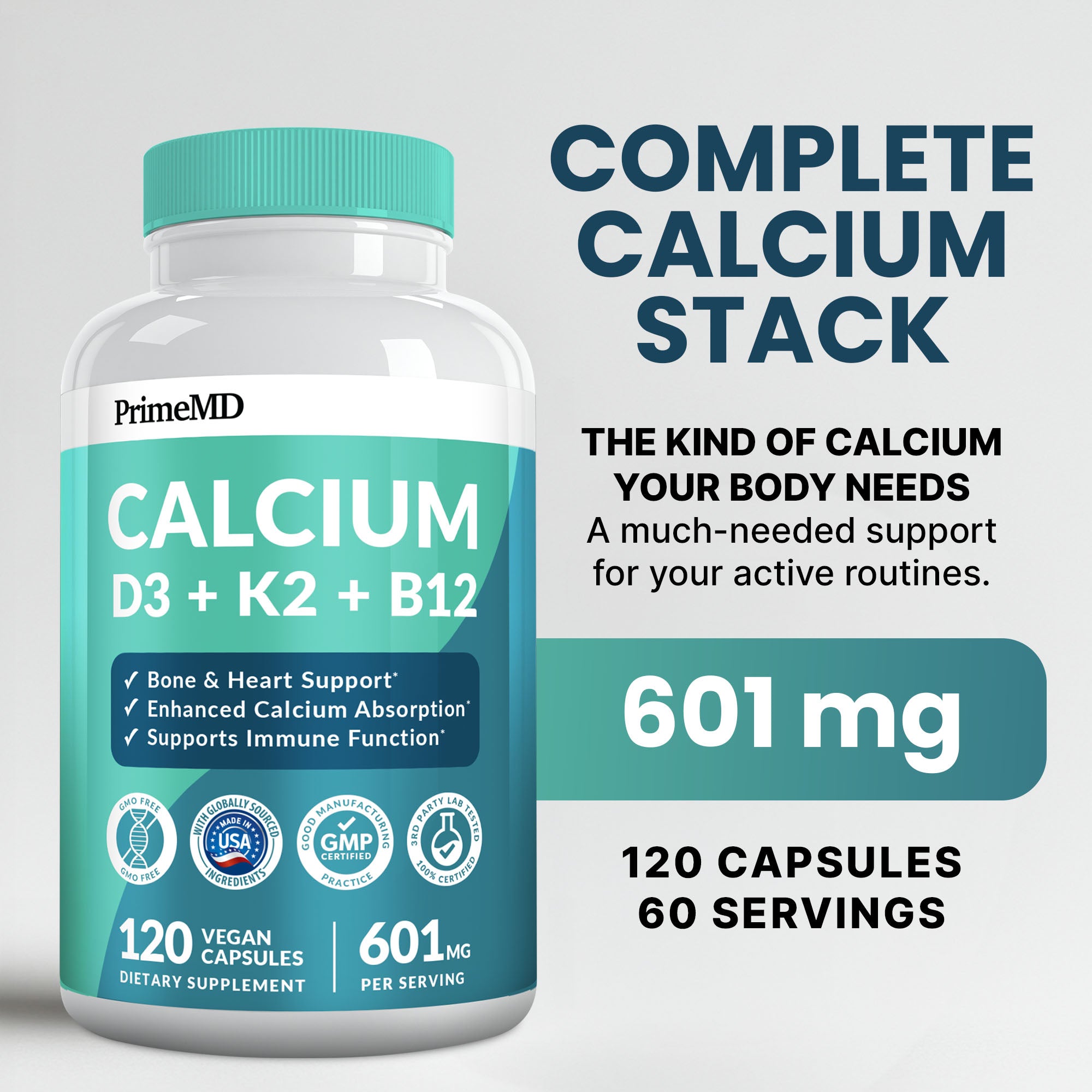 4-in-1 Calcium Supplements for Women and Men - Calcium with Vitamin D3 K2 5000 IU Supplement, 601mg per Serving for Heart, Bones & Body Defenses - Gluten-Free, Vegan-Friendly - PrimeMD
