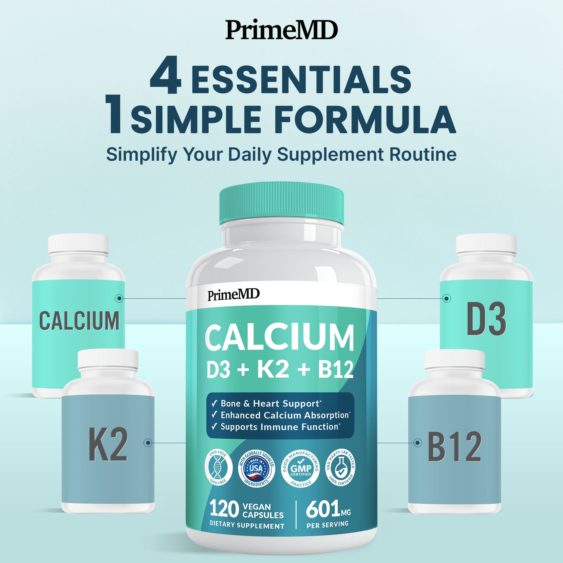 4-in-1 Calcium Supplements for Women and Men - Calcium with Vitamin D3 K2 5000 IU Supplement, 601mg per Serving for Heart, Bones & Body Defenses - Gluten-Free, Vegan-Friendly - PrimeMD