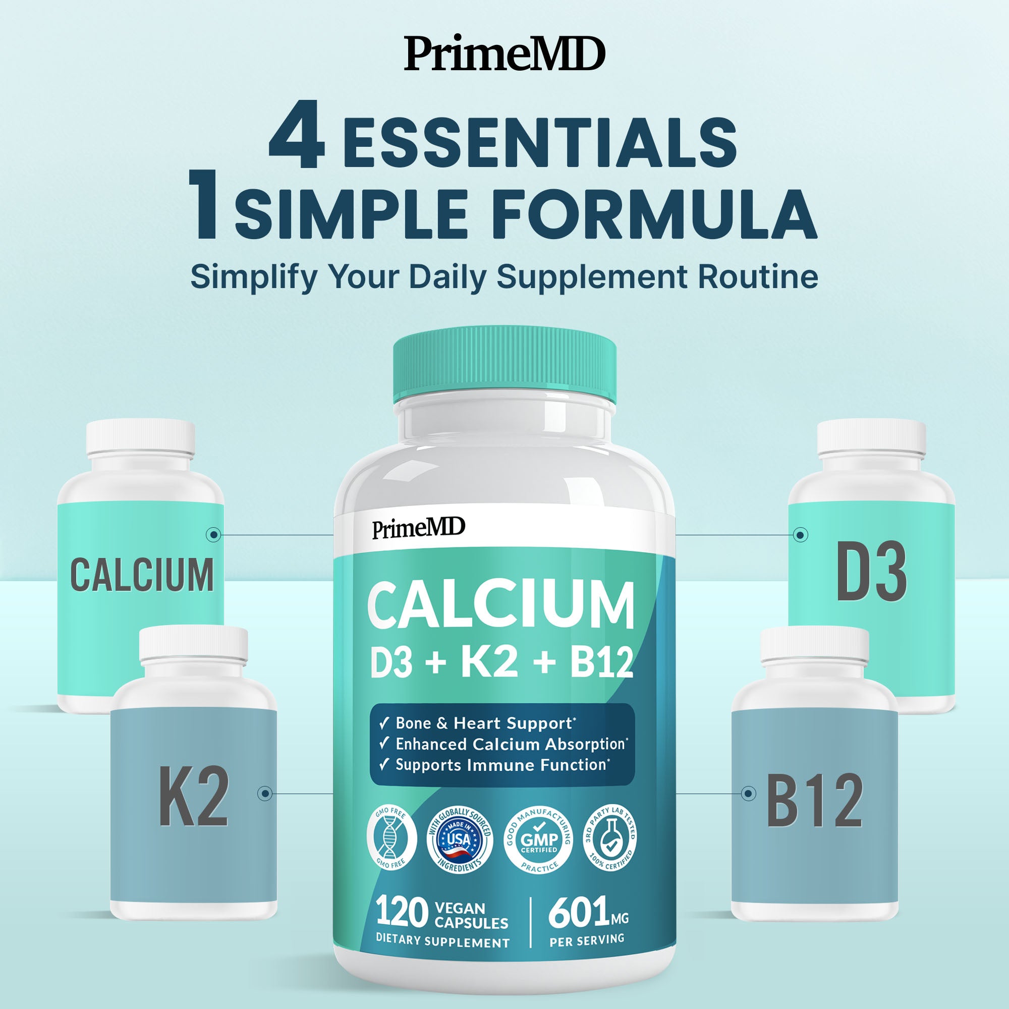 4-in-1 Calcium Supplements for Women and Men - Calcium with Vitamin D3 K2 5000 IU Supplement, 601mg per Serving for Heart, Bones & Body Defenses - Gluten-Free, Vegan-Friendly - PrimeMD