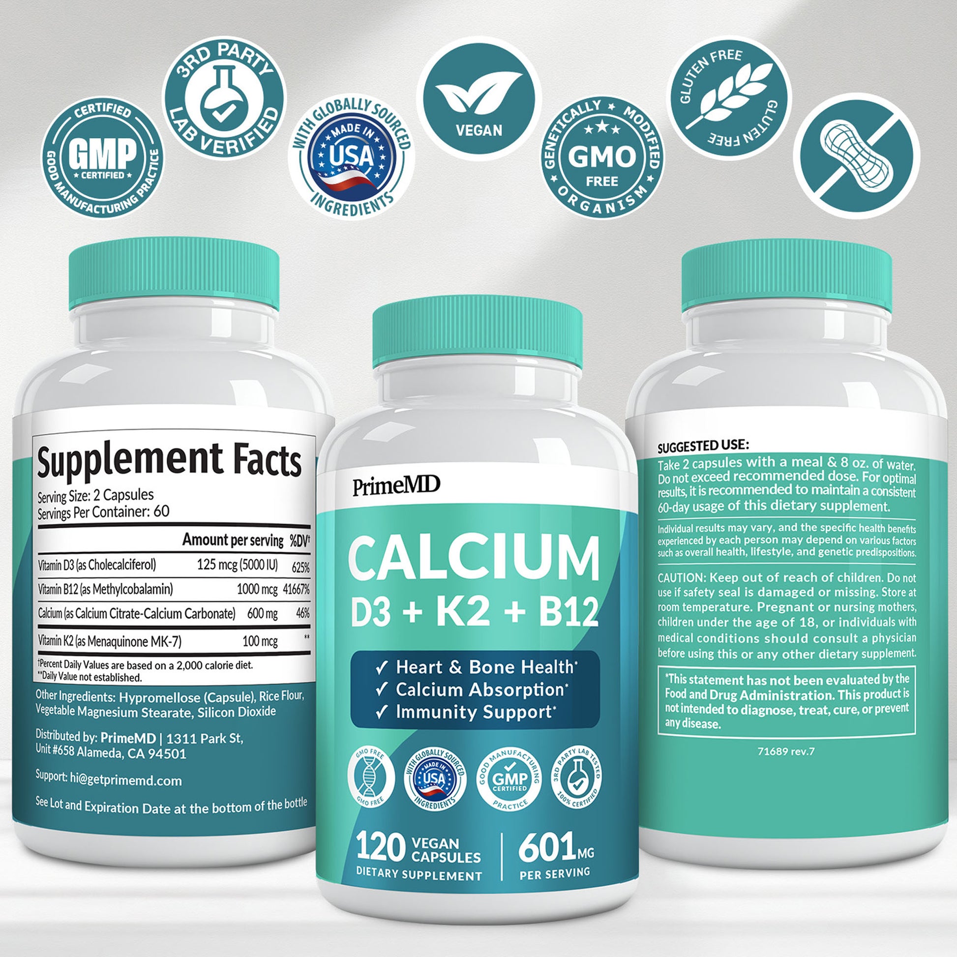 4-in-1 Calcium Supplements for Women and Men - Calcium with Vitamin D3 K2 5000 IU Supplement, 601mg per Serving for Heart, Bones & Body Defenses - Gluten-Free, Vegan-Friendly - PrimeMD