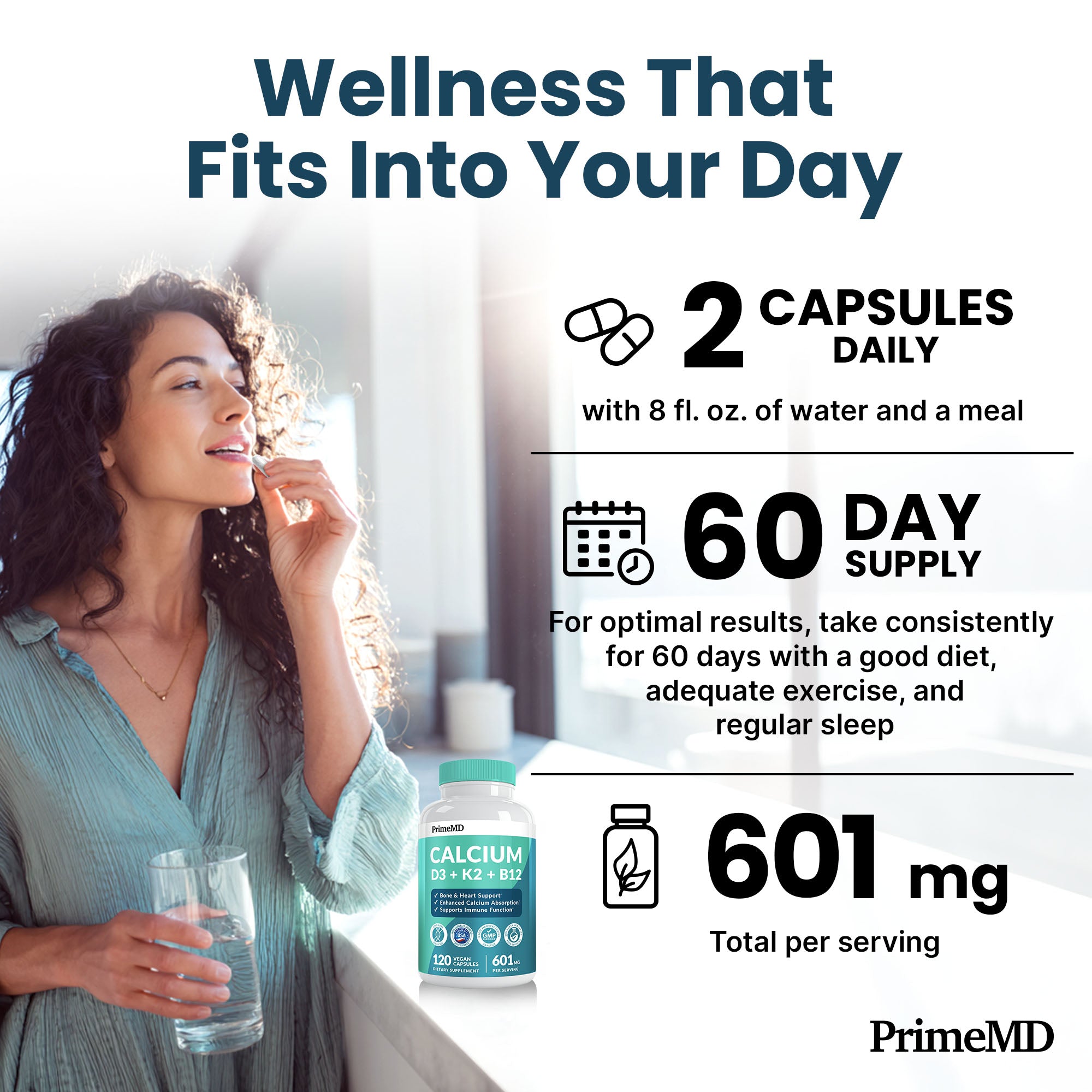 4-in-1 Calcium Supplements for Women and Men - Calcium with Vitamin D3 K2 5000 IU Supplement, 601mg per Serving for Heart, Bones & Body Defenses - Gluten-Free, Vegan-Friendly - PrimeMD
