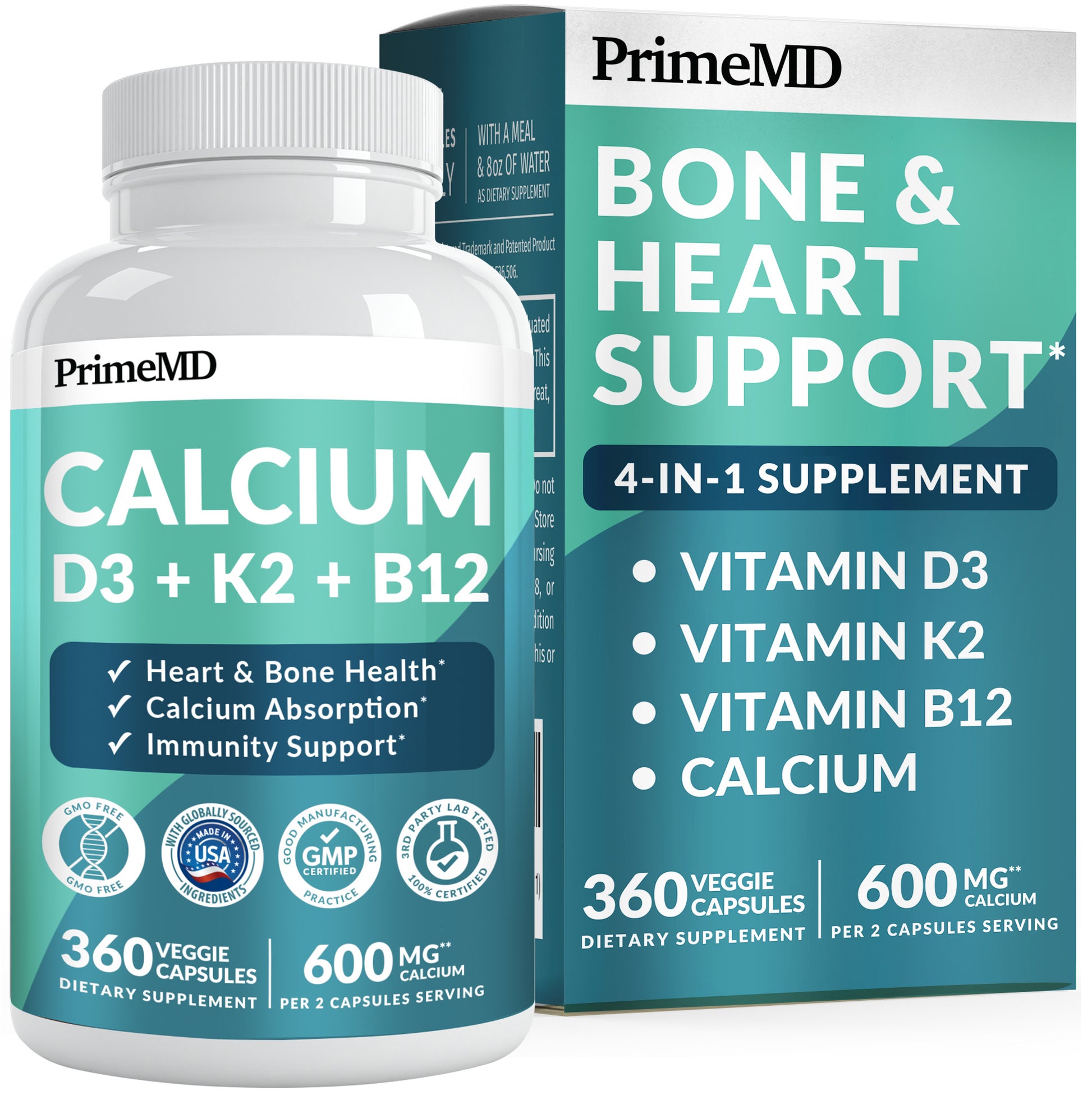 4-in-1 Calcium Supplements for Women and Men - Calcium with Vitamin D3 K2 5000 IU Supplement, 601mg per Serving for Heart, Bones & Body Defenses - Gluten-Free, Vegan-Friendly - PrimeMD
