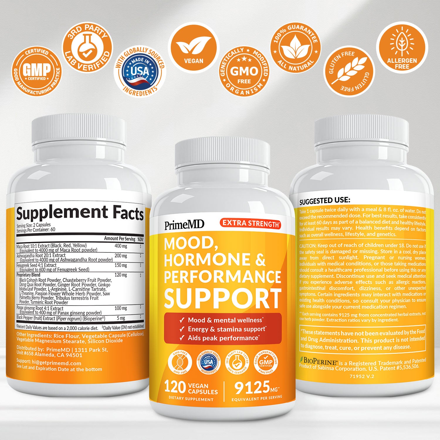 6-in-1 Organic Maca Root Ashwagandha Capsules 1710mg with DHEA and Black Pepper Fruit Extract for Women and Men - Black Maca Supplement for Stamina, Bone and Mood Support Supplement - PrimeMD