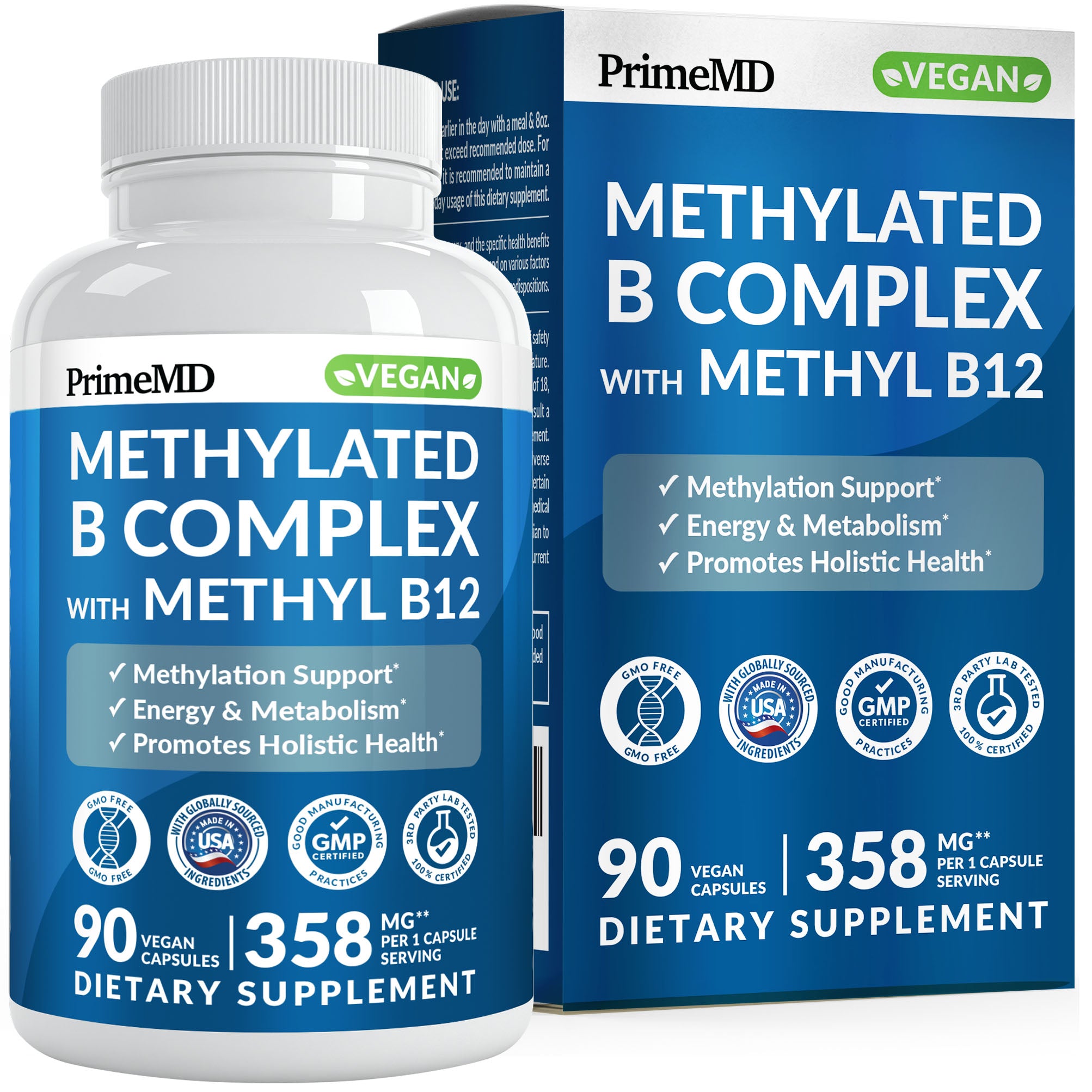 Methylated B Complex with Methylfolate and B12 Methylcobalamin 1000 mcg - Methylated Multivitamin for Energy, Brain Function, and Wellness - Vitamin B Complex for Men & Women - PrimeMD