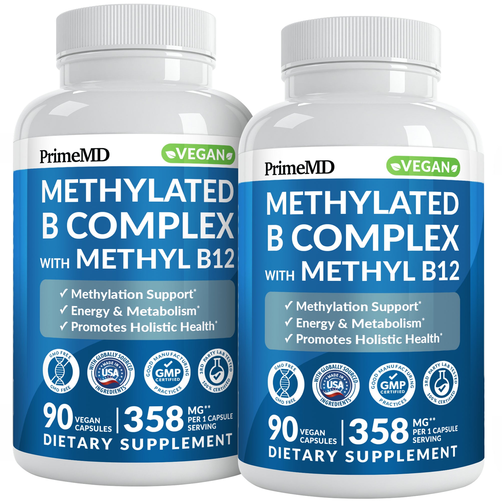 Methylated B Complex with Methylfolate and B12 Methylcobalamin 1000 mcg - Methylated Multivitamin for Energy, Brain Function, and Wellness - Vitamin B Complex for Men & Women - PrimeMD
