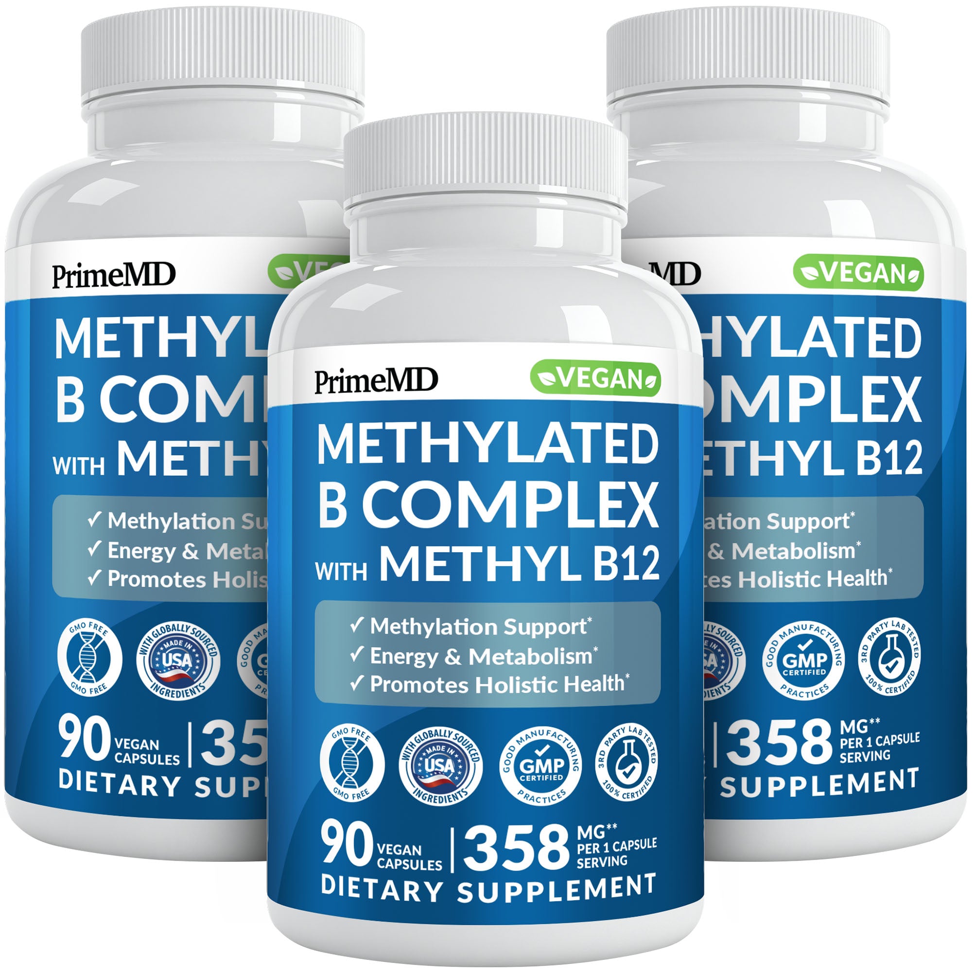 Methylated B Complex with Methylfolate and B12 Methylcobalamin 1000 mcg - Methylated Multivitamin for Energy, Brain Function, and Wellness - Vitamin B Complex for Men & Women - PrimeMD