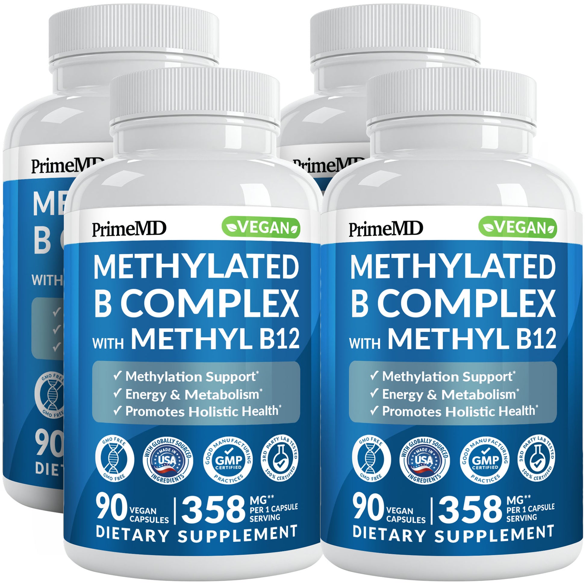 Methylated B Complex with Methylfolate and B12 Methylcobalamin 1000 mcg - Methylated Multivitamin for Energy, Brain Function, and Wellness - Vitamin B Complex for Men & Women - PrimeMD