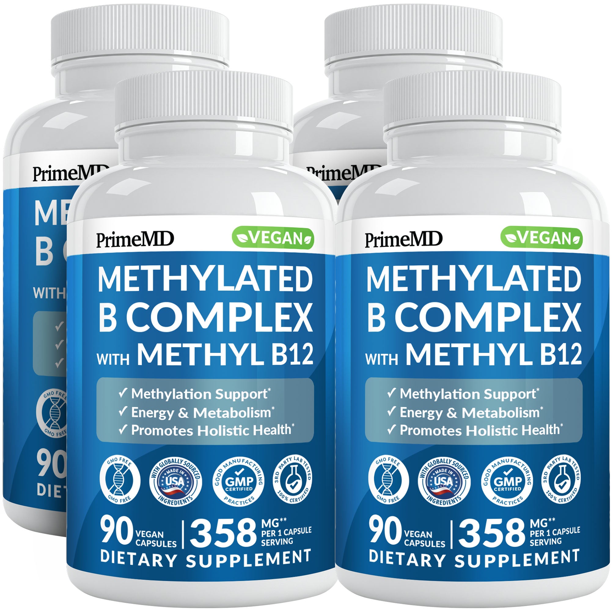 Methylated B Complex with Methylfolate and B12 Methylcobalamin 1000 mcg - Methylated Multivitamin for Energy, Brain Function, and Wellness - Vitamin B Complex for Men & Women - PrimeMD