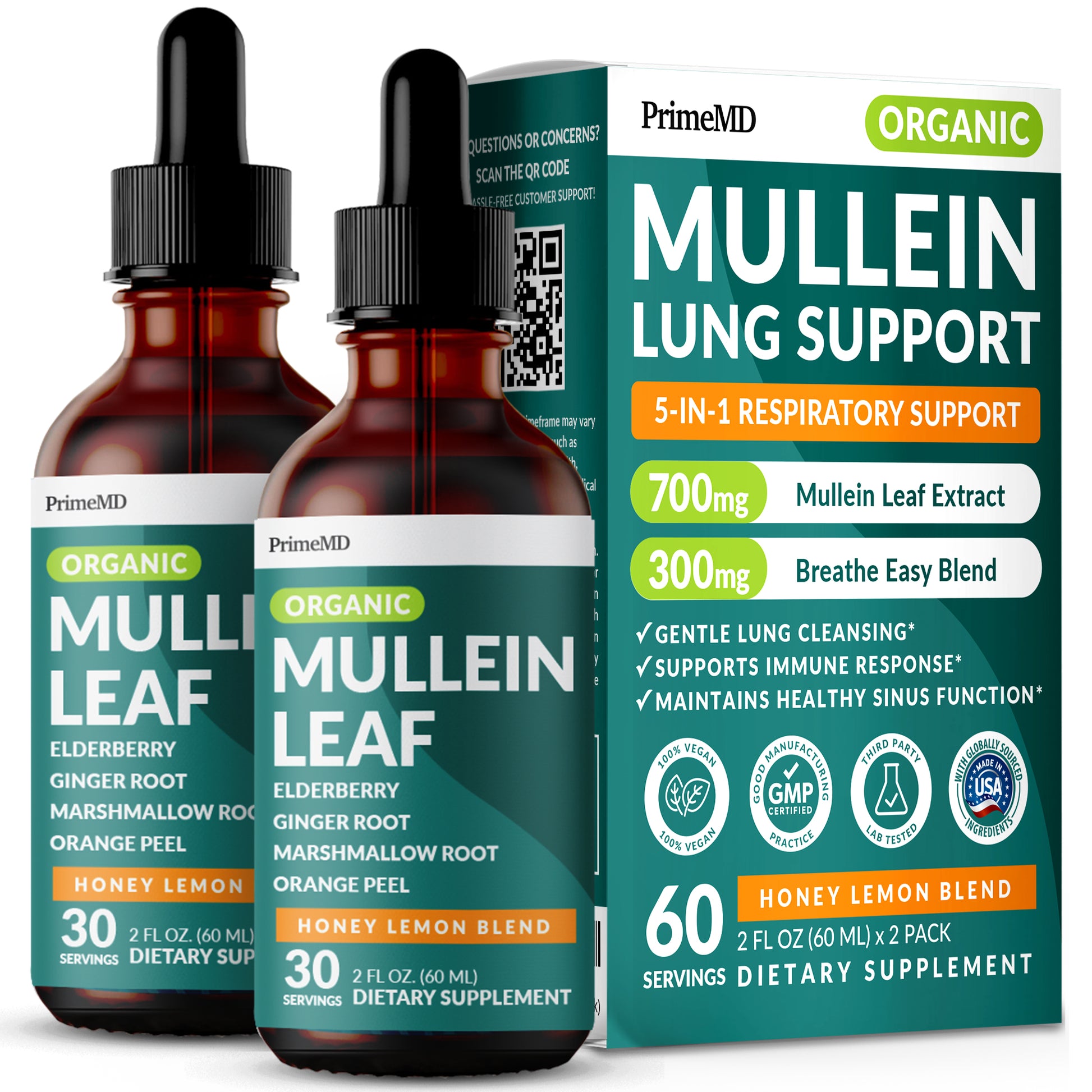 5-in-1 Mullein Drops for Lungs and Bronchial - Respiratory Lung Health Support with Mullen Leaf Extract for Lungs - Mullein Tincture with Elderberry, Echinacea and Ginger Root - PrimeMD