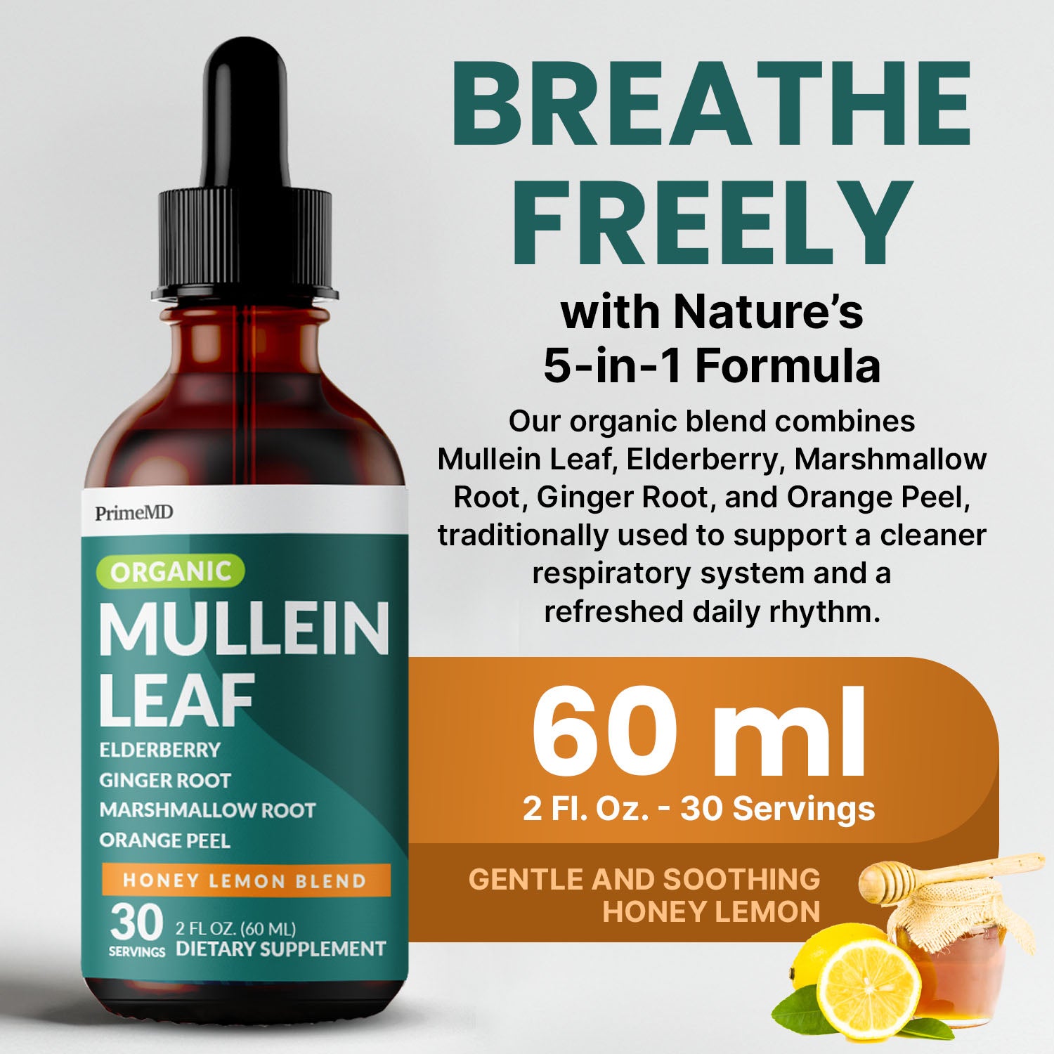 5-in-1 Mullein Drops for Lungs and Bronchial - Respiratory Lung Health Support with Mullen Leaf Extract for Lungs - Mullein Tincture with Elderberry, Echinacea and Ginger Root - PrimeMD
