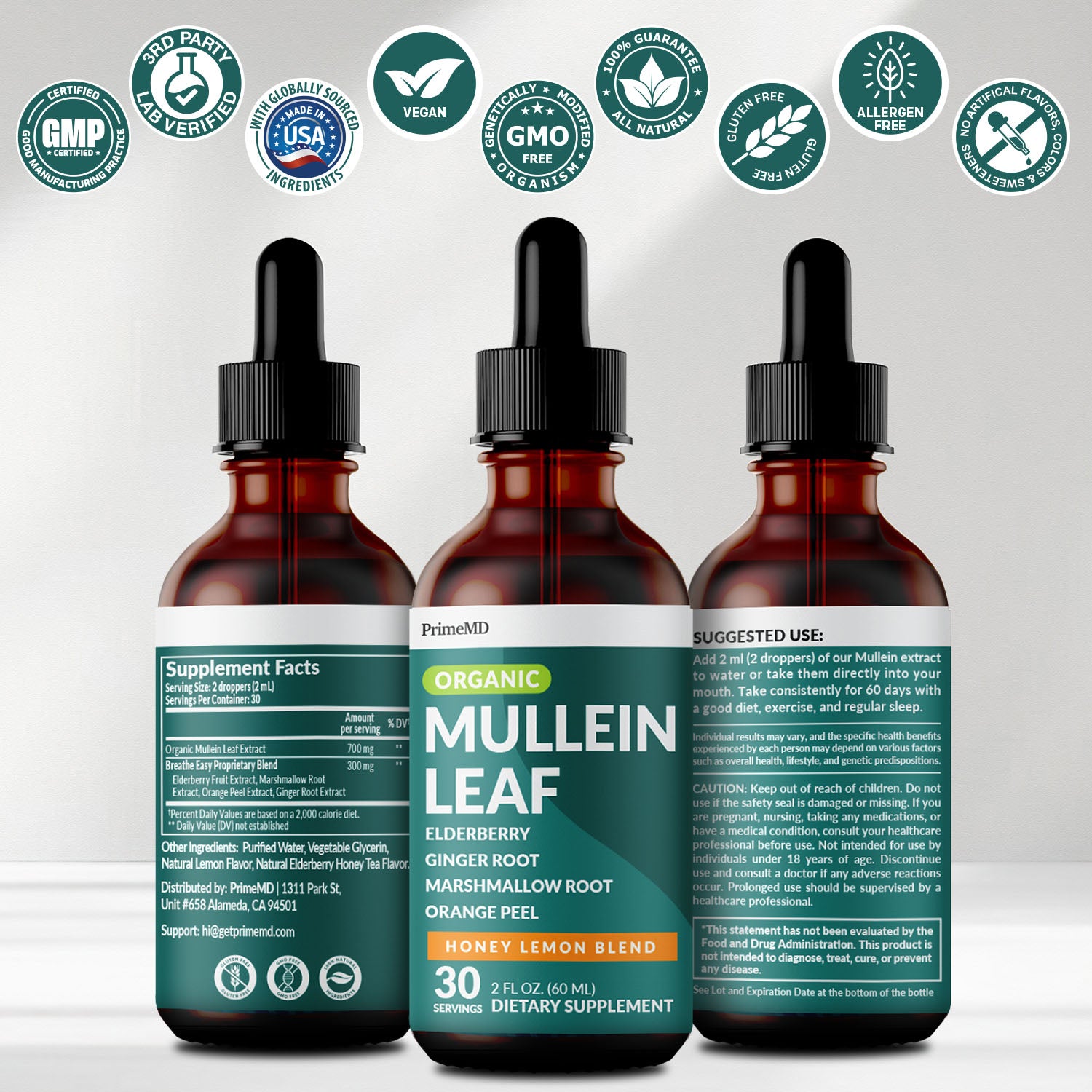 5-in-1 Mullein Drops for Lungs and Bronchial - Respiratory Lung Health Support with Mullen Leaf Extract for Lungs - Mullein Tincture with Elderberry, Echinacea and Ginger Root - PrimeMD