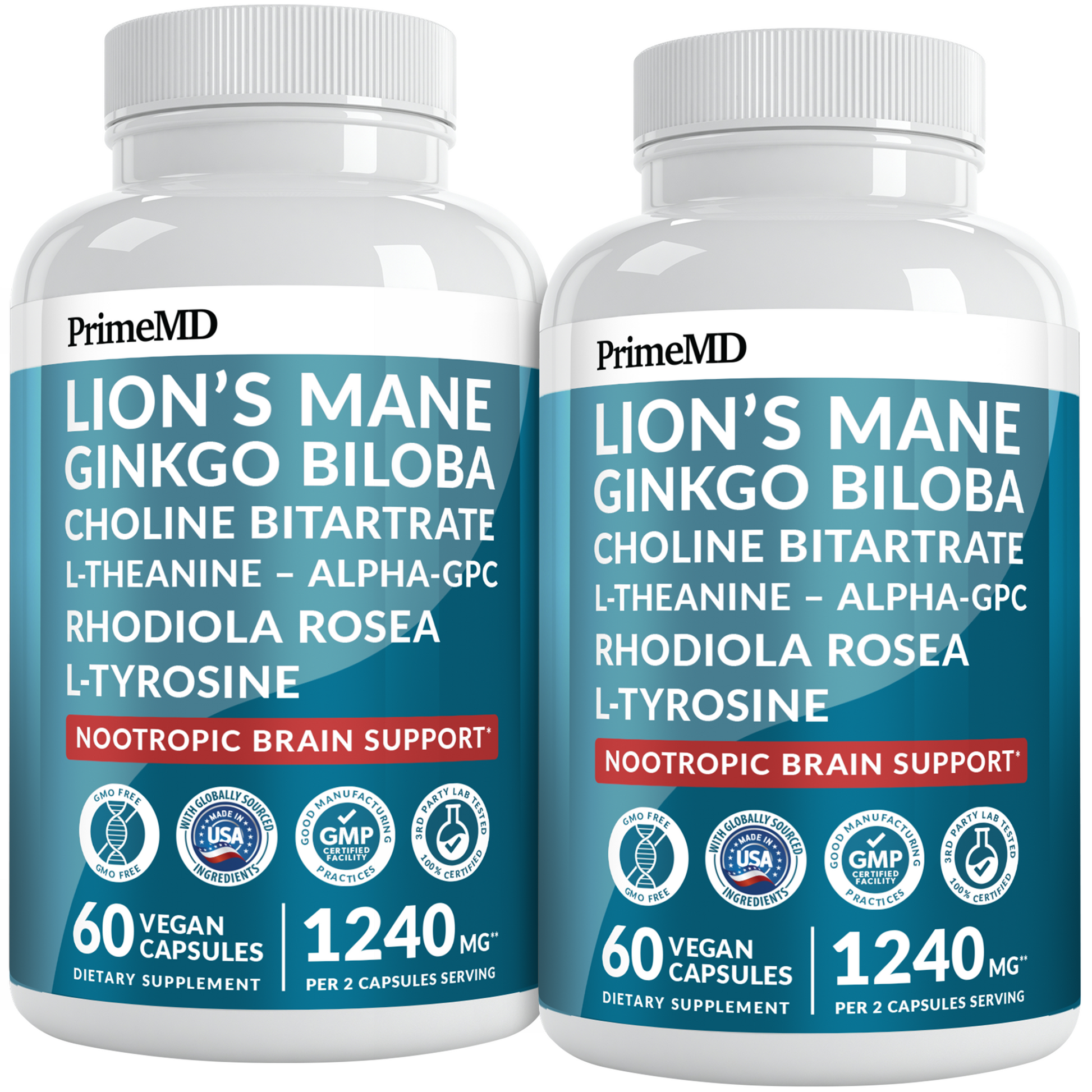 14-in-1 Lions Mane Supplement Capsules - Nootropic Brain Supplement with Ginkgo Biloba for Brain Support, Memory and Focus - Alpha GPC, L Theanine & Choline Supplements with 1300mg Per Serving - PrimeMD