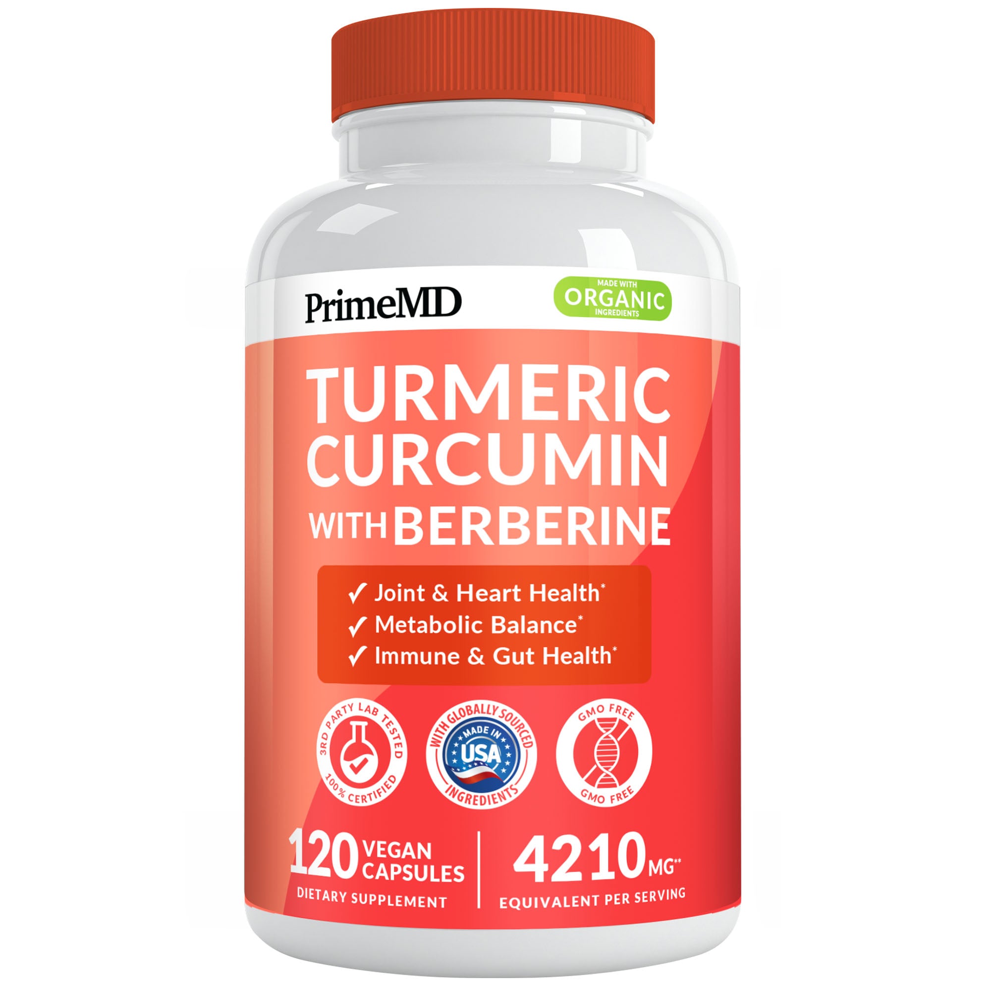 5-in-1 Organic Turmeric Curcumin Supplement (4210mg) with Berberine, Ceylon Cinnamon Bioperine and Ginger Supplements for Joint, Heart, Gut, & Metabolic Support - PrimeMD
