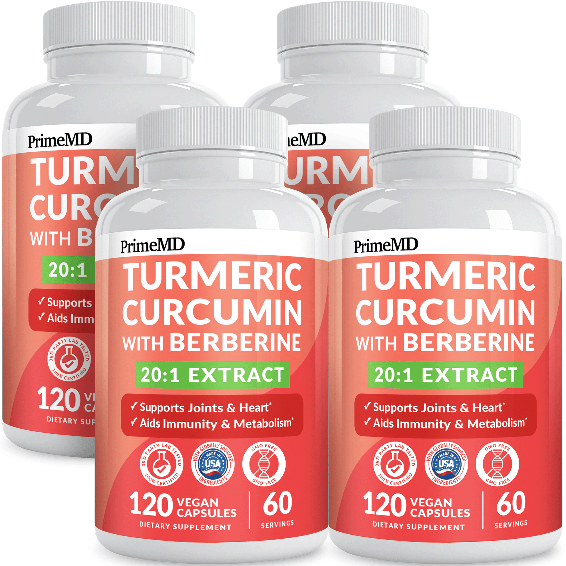 5-in-1 Organic Turmeric Curcumin Supplement (4210mg) with Berberine, Ceylon Cinnamon Bioperine and Ginger Supplements for Joint, Heart, Gut, & Metabolic Support - PrimeMD