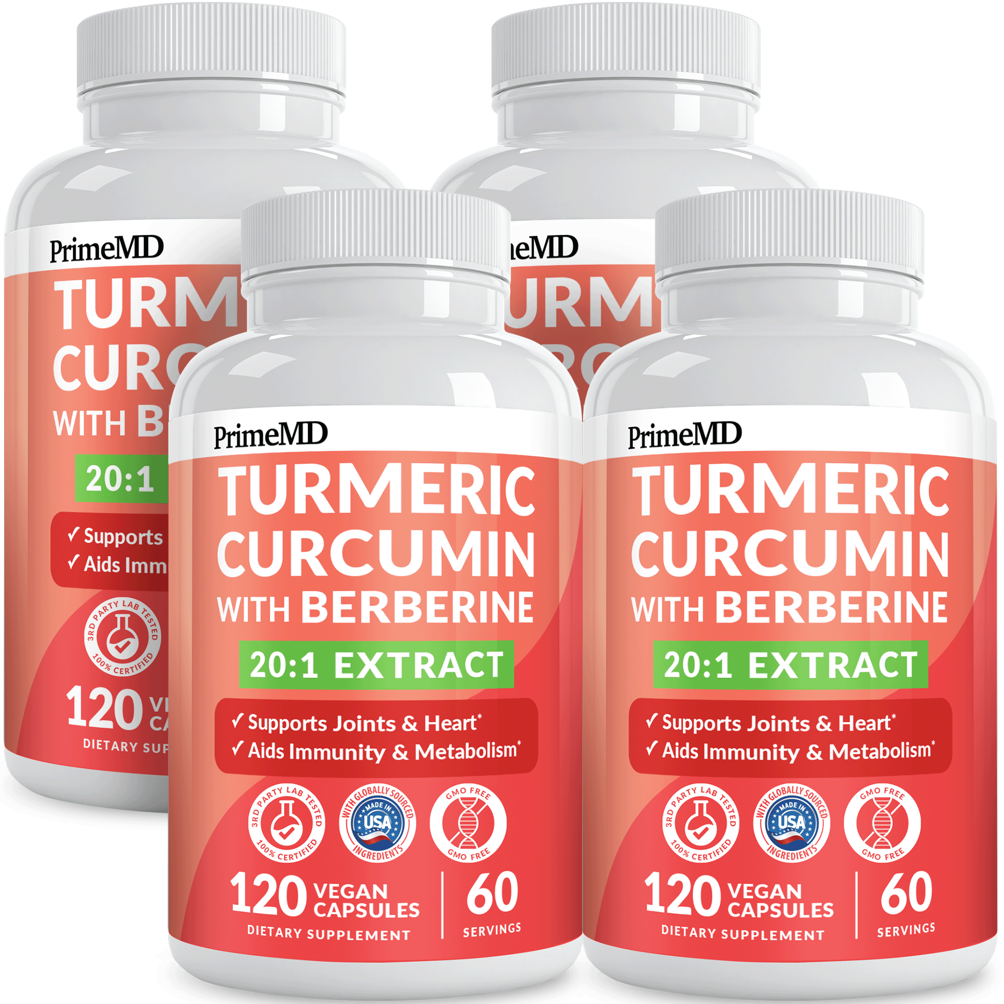 5-in-1 Organic Turmeric Curcumin Supplement (4210mg) with Berberine, Ceylon Cinnamon Bioperine and Ginger Supplements for Joint, Heart, Gut, & Metabolic Support - PrimeMD