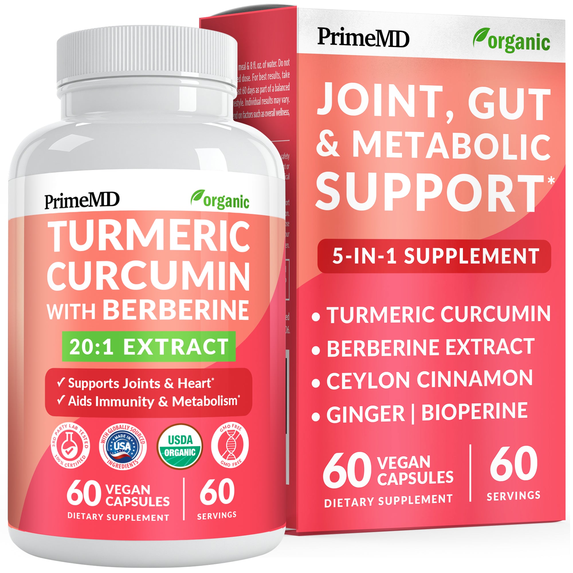 5-in-1 Organic Turmeric Curcumin Supplement (4210mg) with Berberine, Ceylon Cinnamon Bioperine and Ginger Supplements for Joint, Heart, Gut, & Metabolic Support