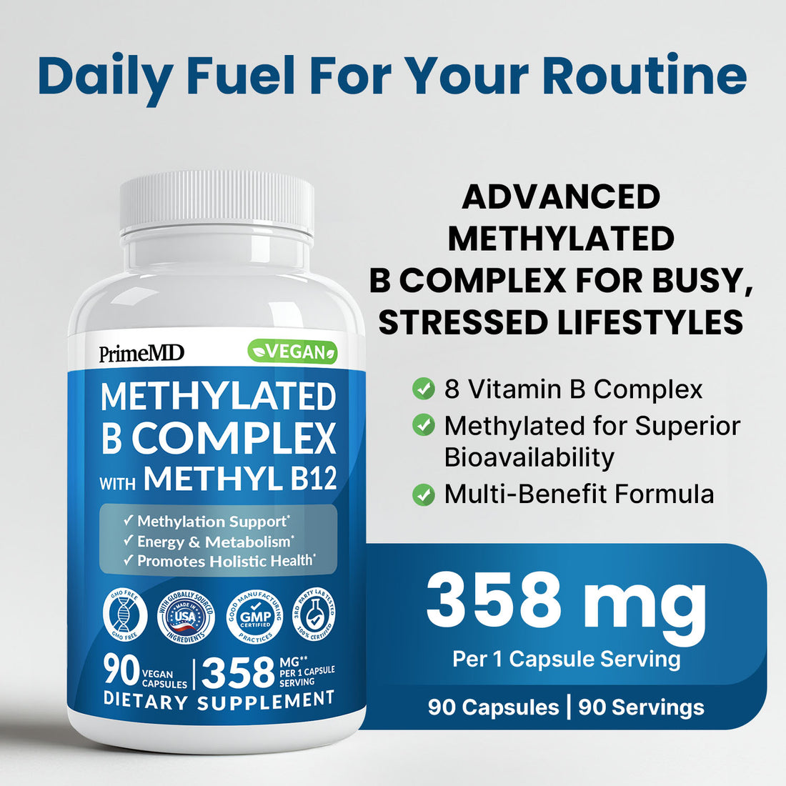 Methylated B Complex with Methylfolate and B12 Methylcobalamin 1000 mcg - Methylated Multivitamin for Energy, Brain Function, and Wellness - Vitamin B Complex for Men & Women - PrimeMD