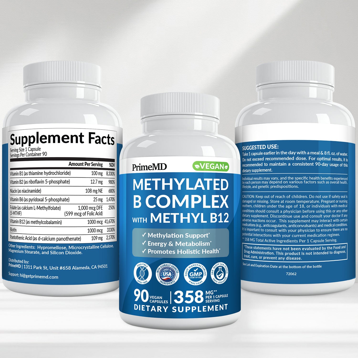 Methylated B Complex with Methylfolate and B12 Methylcobalamin 1000 mcg - Methylated Multivitamin for Energy, Brain Function, and Wellness - Vitamin B Complex for Men & Women - PrimeMD