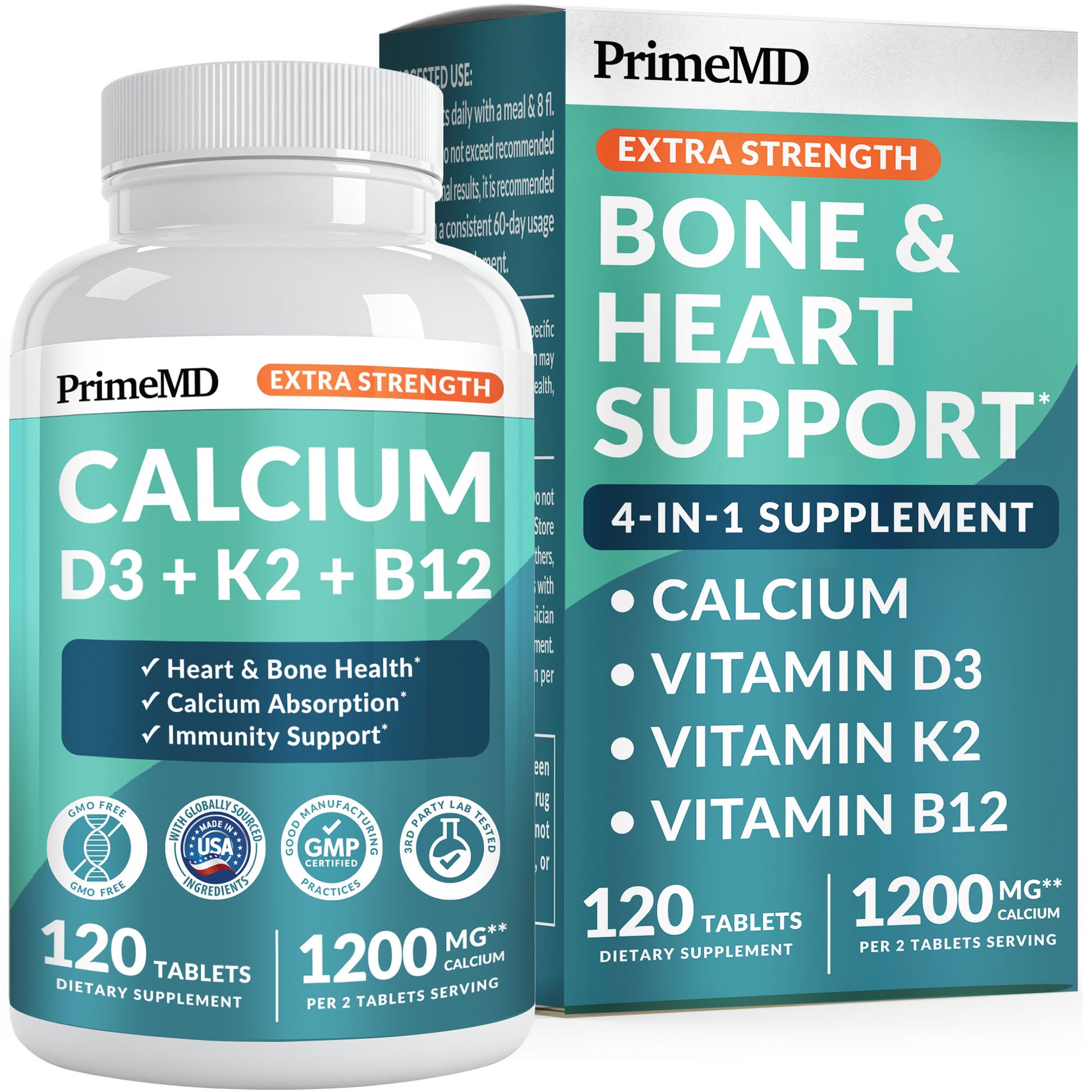 4-in-1 Calcium Supplements for Women and Men - Calcium with Vitamin D3 K2 5000 IU Supplement, 601mg per Serving for Heart, Bones & Body Defenses - Gluten-Free, Vegan-Friendly - PrimeMD