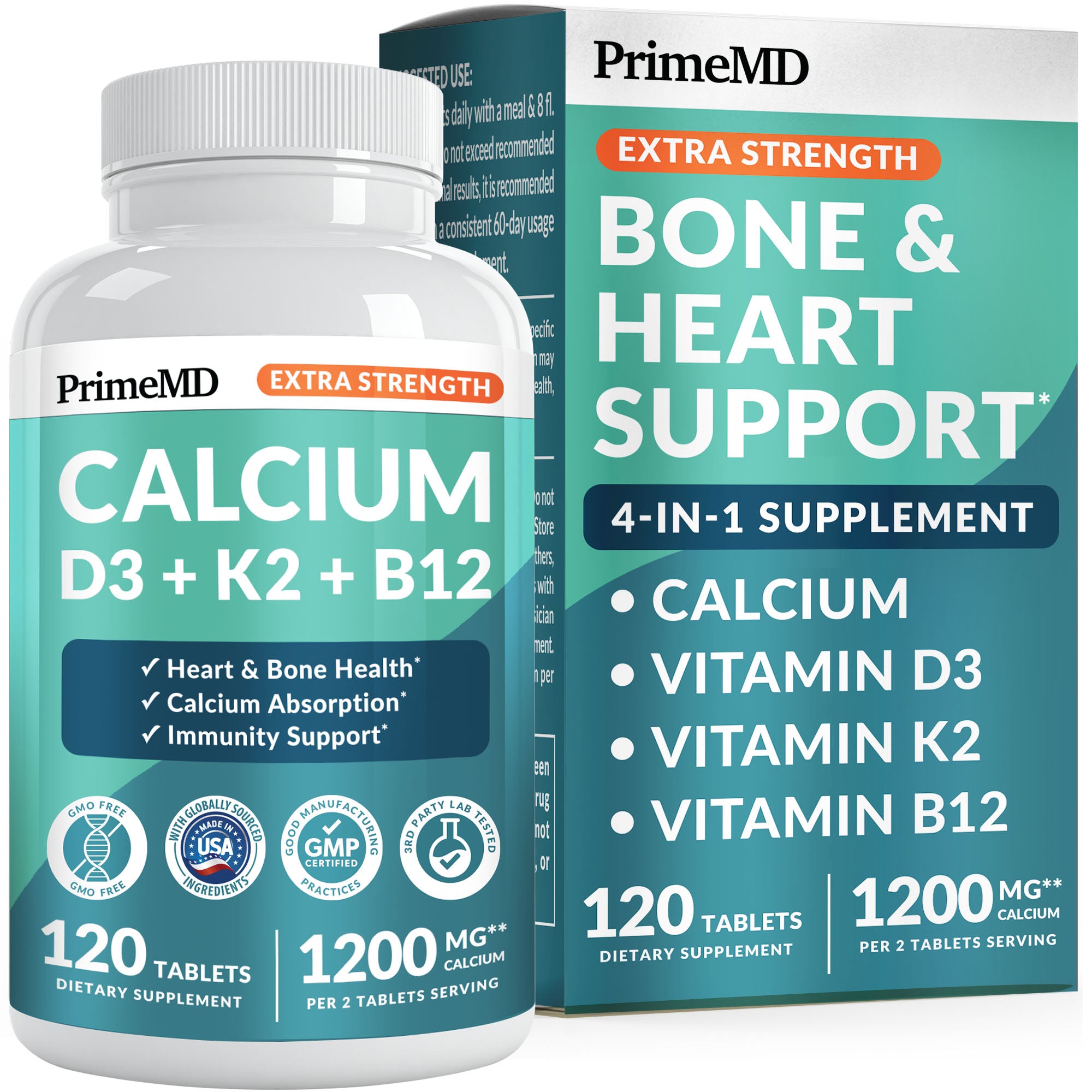 4-in-1 Calcium Supplements for Women and Men - Calcium with Vitamin D3 K2 5000 IU Supplement, 601mg per Serving for Heart, Bones & Body Defenses - Gluten-Free, Vegan-Friendly - PrimeMD