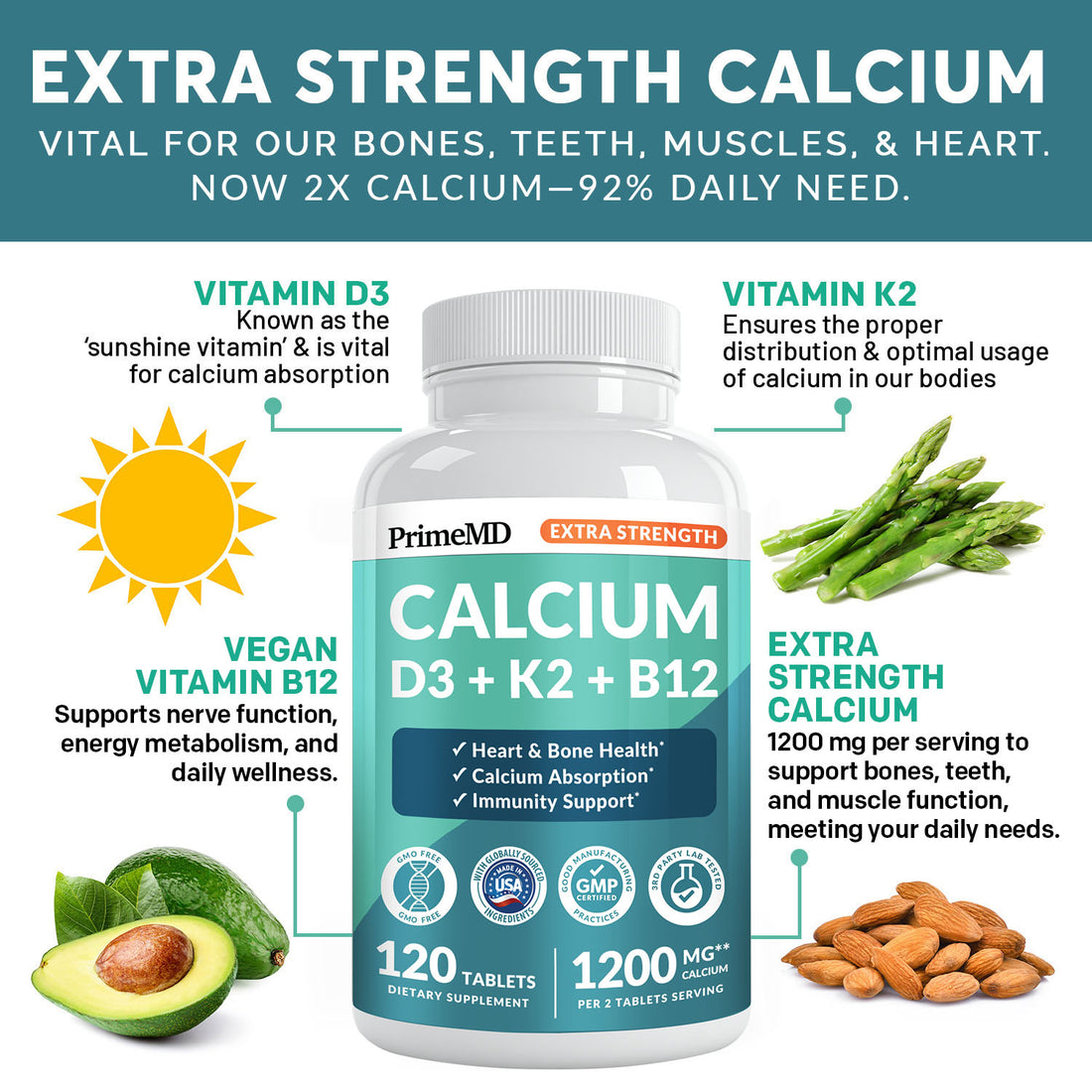 4-in-1 Calcium 1200 mg with Vitamin D3 K2 - Extra Strength Calcium Supplements for Women & Men with D3 K2 Vitamin 5000 IU - PrimeMD