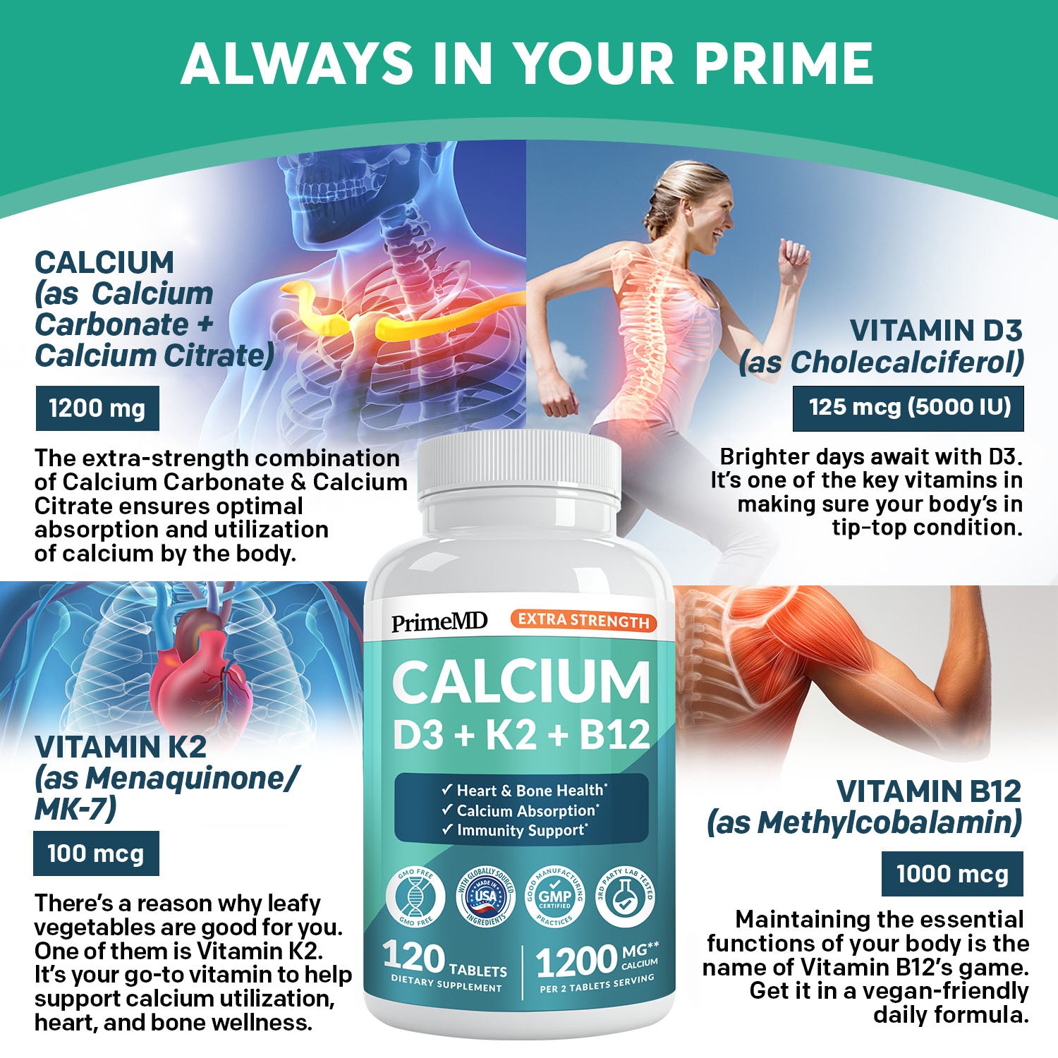 4-in-1 Calcium 1200 mg with Vitamin D3 K2 - Extra Strength Calcium Supplements for Women & Men with D3 K2 Vitamin 5000 IU