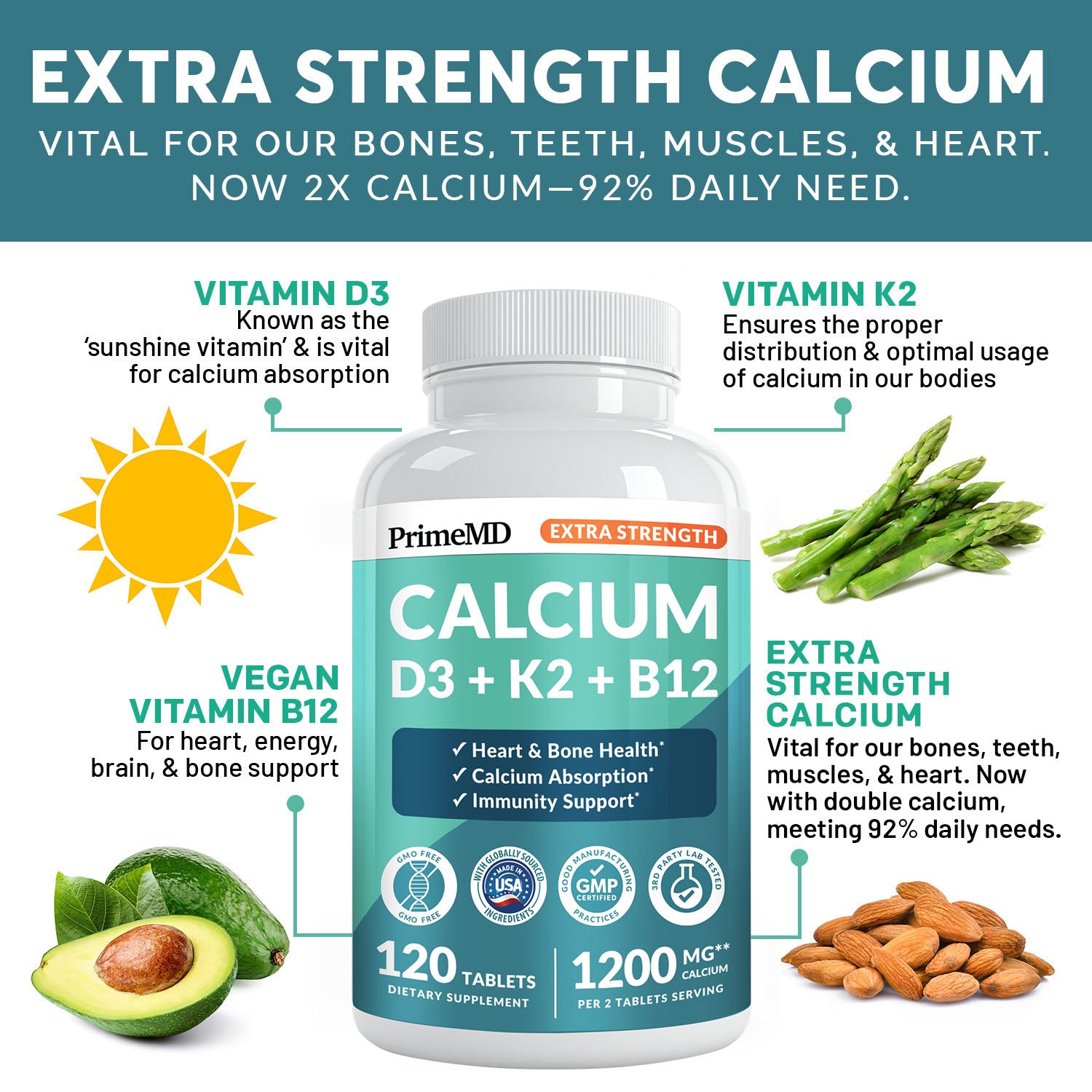 4-in-1 Calcium Supplements for Women and Men - Calcium with Vitamin D3 K2 5000 IU Supplement, 601mg per Serving for Heart, Bones & Body Defenses - Gluten-Free, Vegan-Friendly - PrimeMD