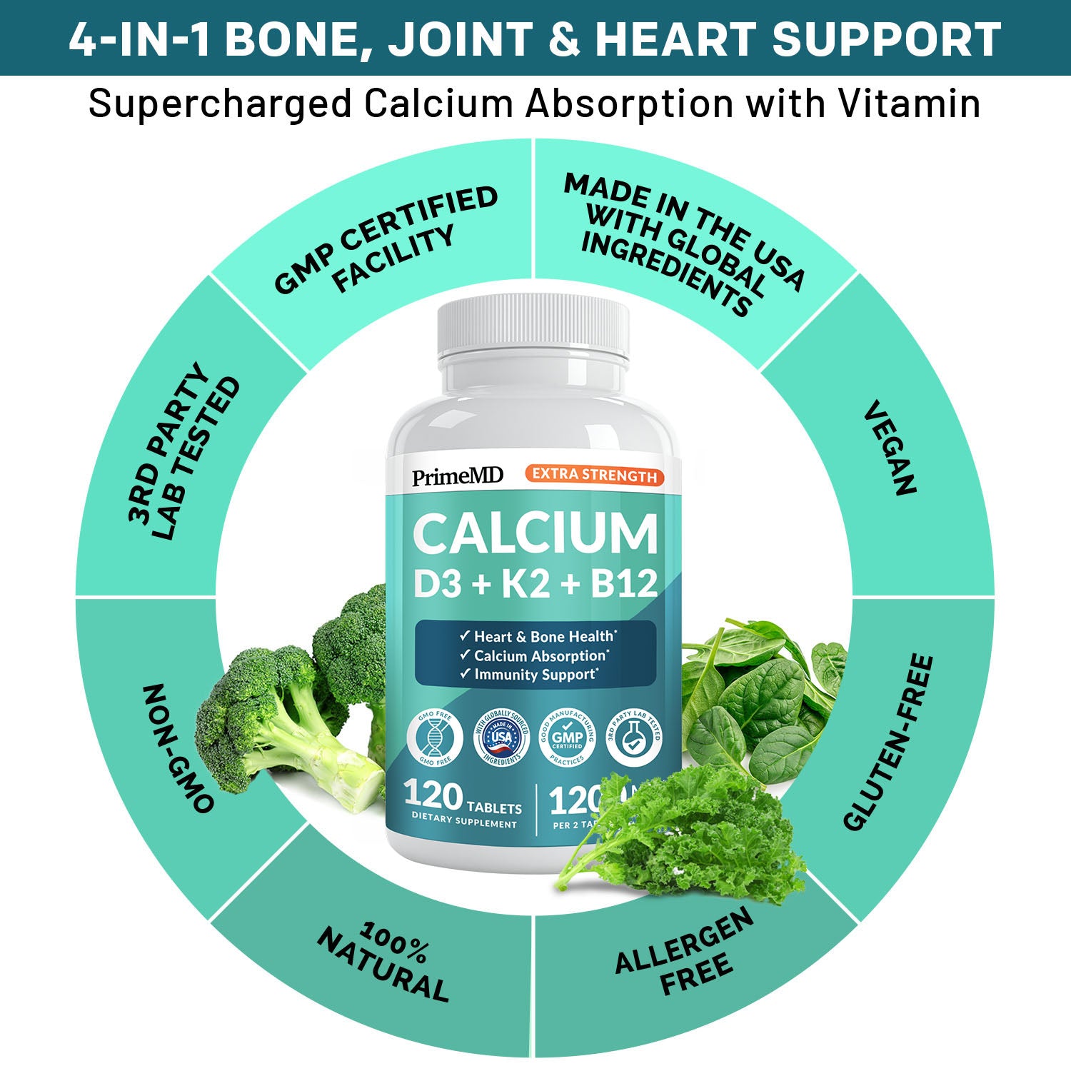 4-in-1 Calcium Supplements for Women and Men - Calcium with Vitamin D3 K2 5000 IU Supplement, 601mg per Serving for Heart, Bones & Body Defenses - Gluten-Free, Vegan-Friendly - PrimeMD