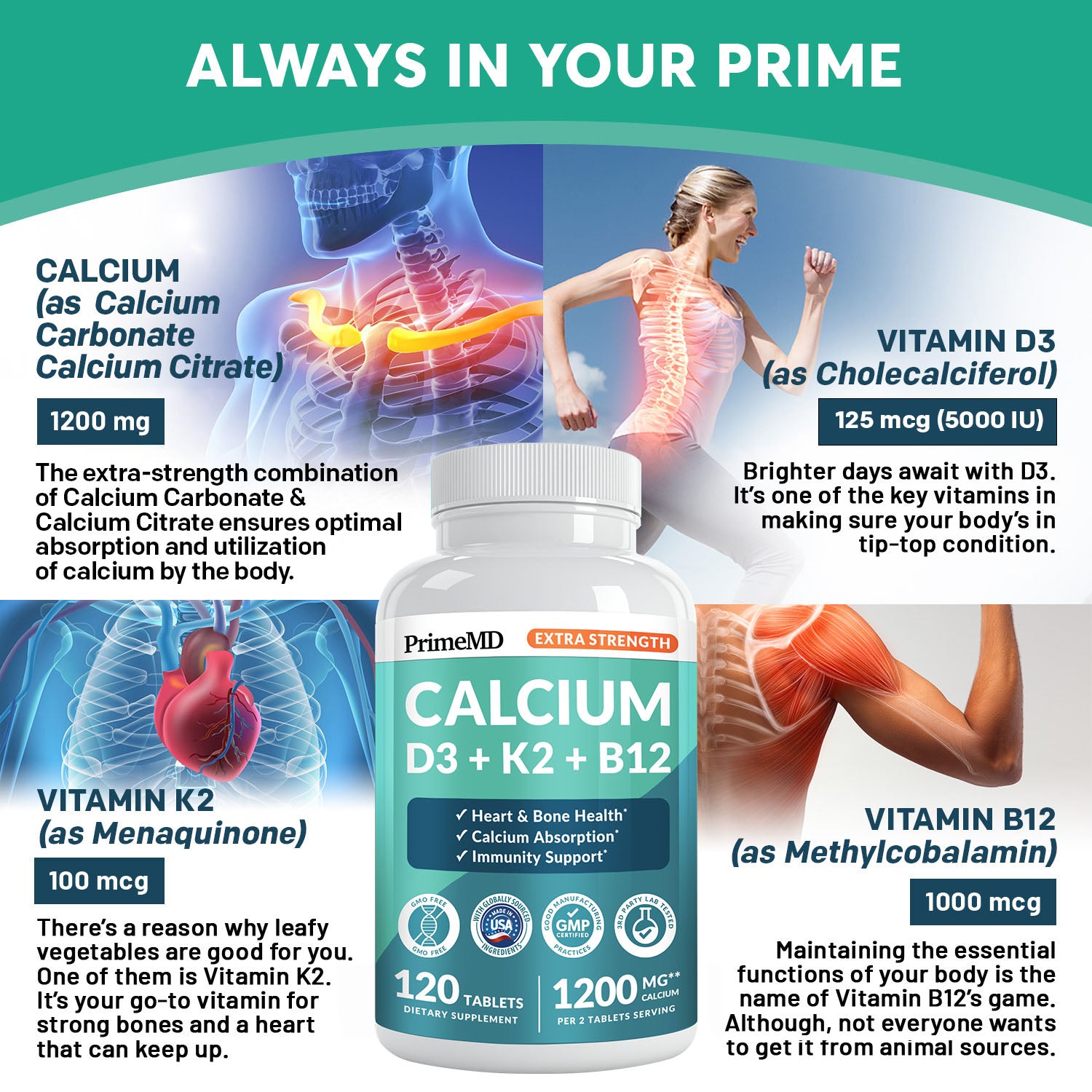 4-in-1 Calcium Supplements for Women and Men - Calcium with Vitamin D3 K2 5000 IU Supplement, 601mg per Serving for Heart, Bones & Body Defenses - Gluten-Free, Vegan-Friendly - PrimeMD