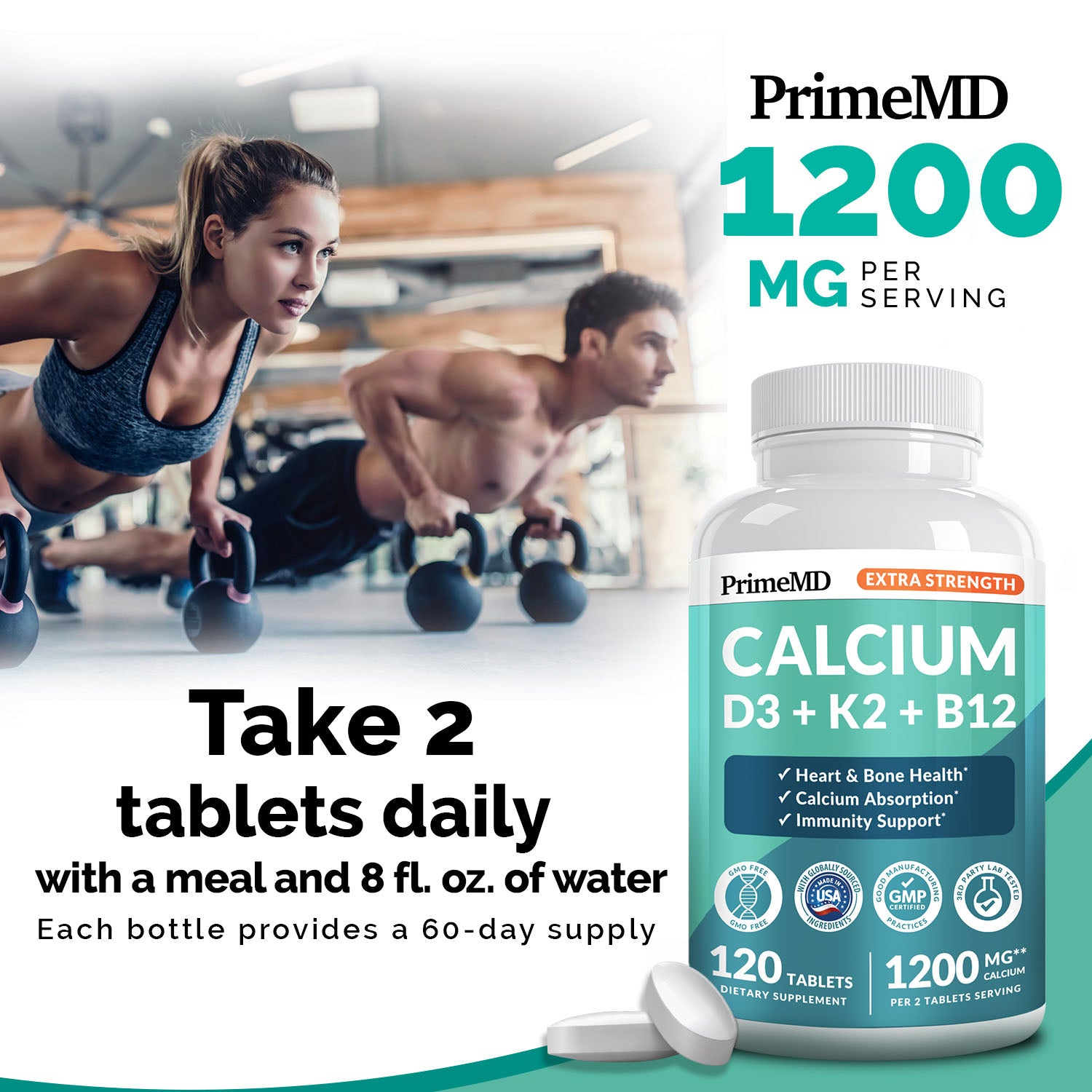 4-in-1 Calcium Supplements for Women and Men - Calcium with Vitamin D3 K2 5000 IU Supplement, 601mg per Serving for Heart, Bones & Body Defenses - Gluten-Free, Vegan-Friendly - PrimeMD