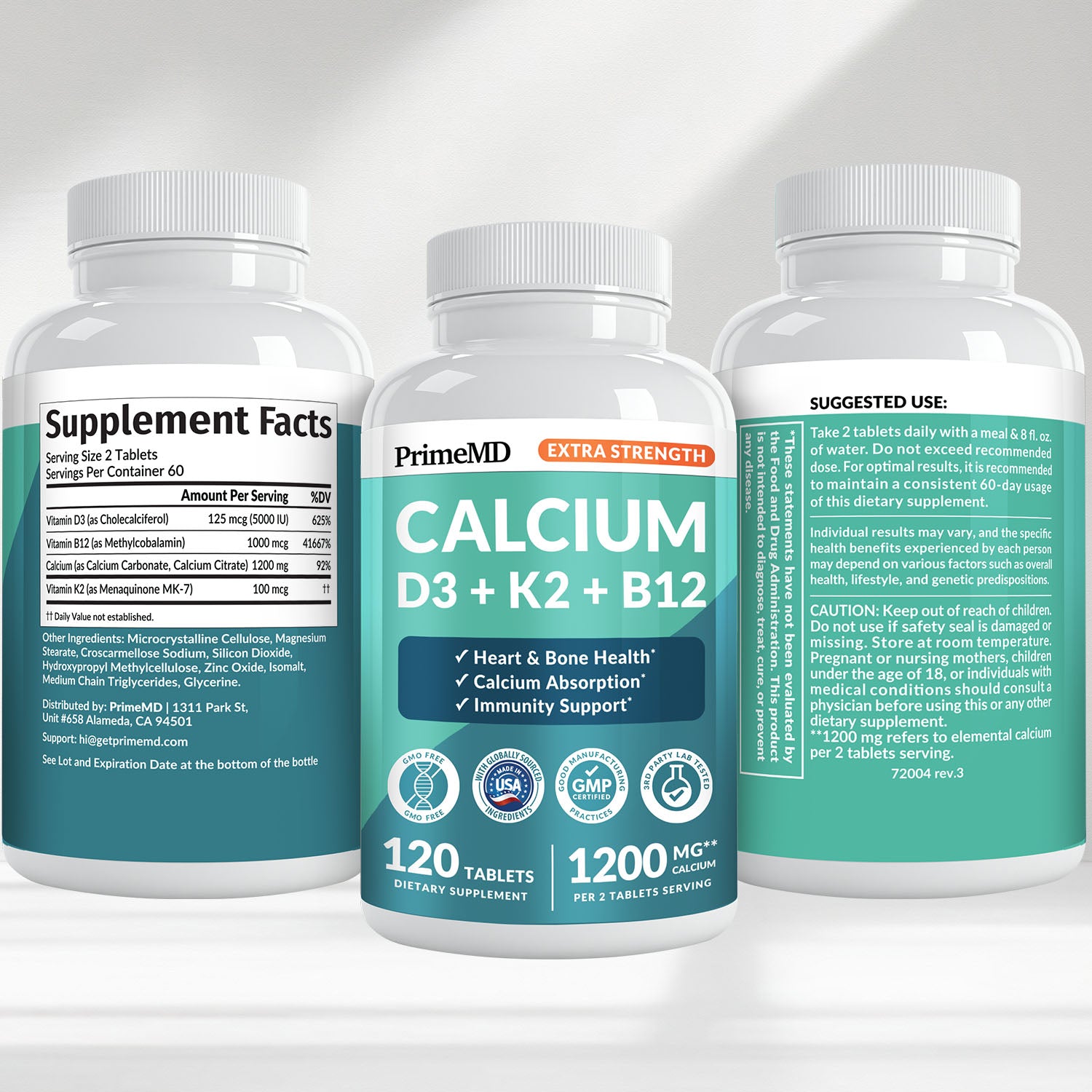 4-in-1 Calcium Supplements for Women and Men - Calcium with Vitamin D3 K2 5000 IU Supplement, 601mg per Serving for Heart, Bones & Body Defenses - Gluten-Free, Vegan-Friendly - PrimeMD