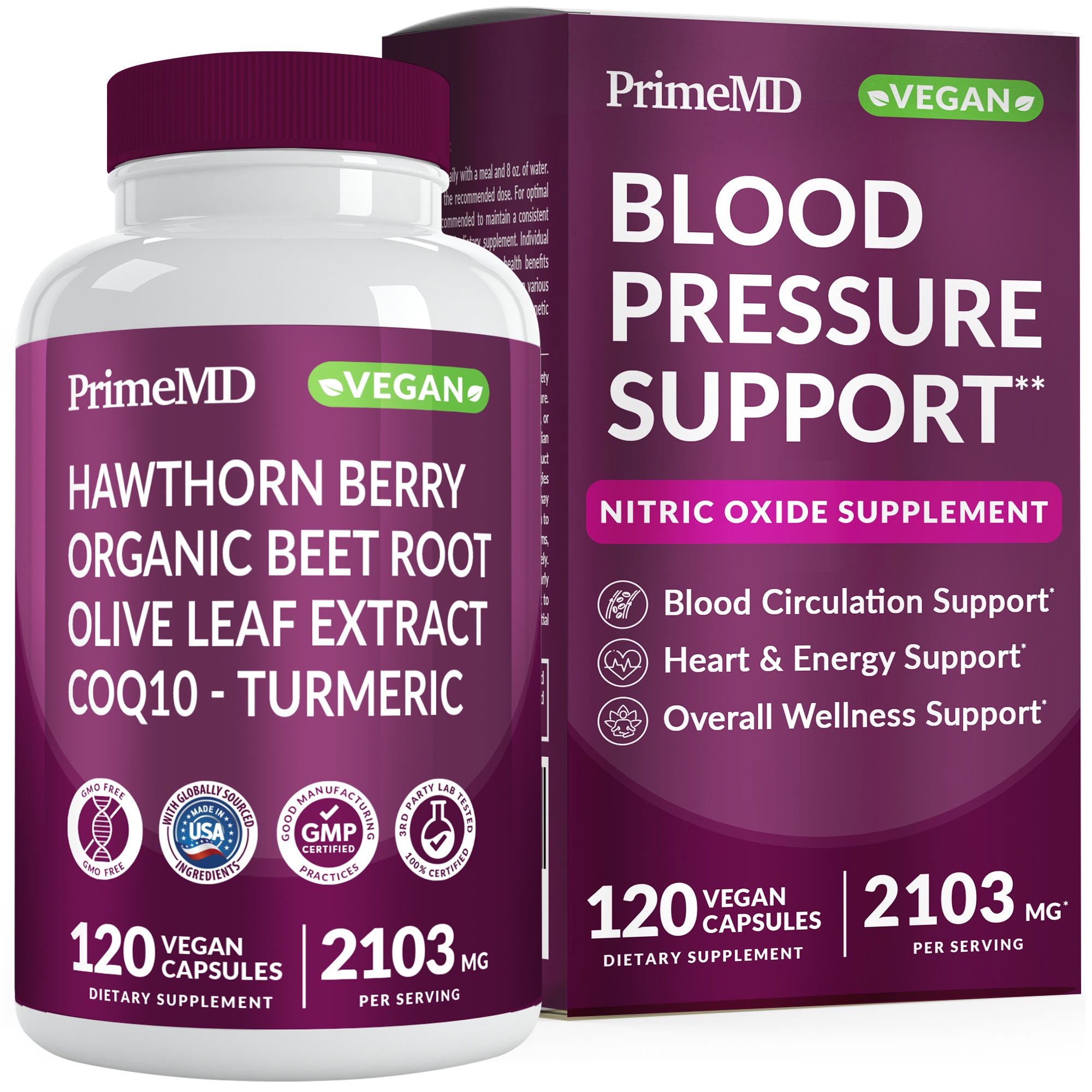 26-in-1 Nitric Oxide Supplement - Heart & Circulation Support with CoQ10, Turmeric, Organic Beet Root, Hawthorn Berry & Garlic - 2103mg per Serving (120ct) - PrimeMD