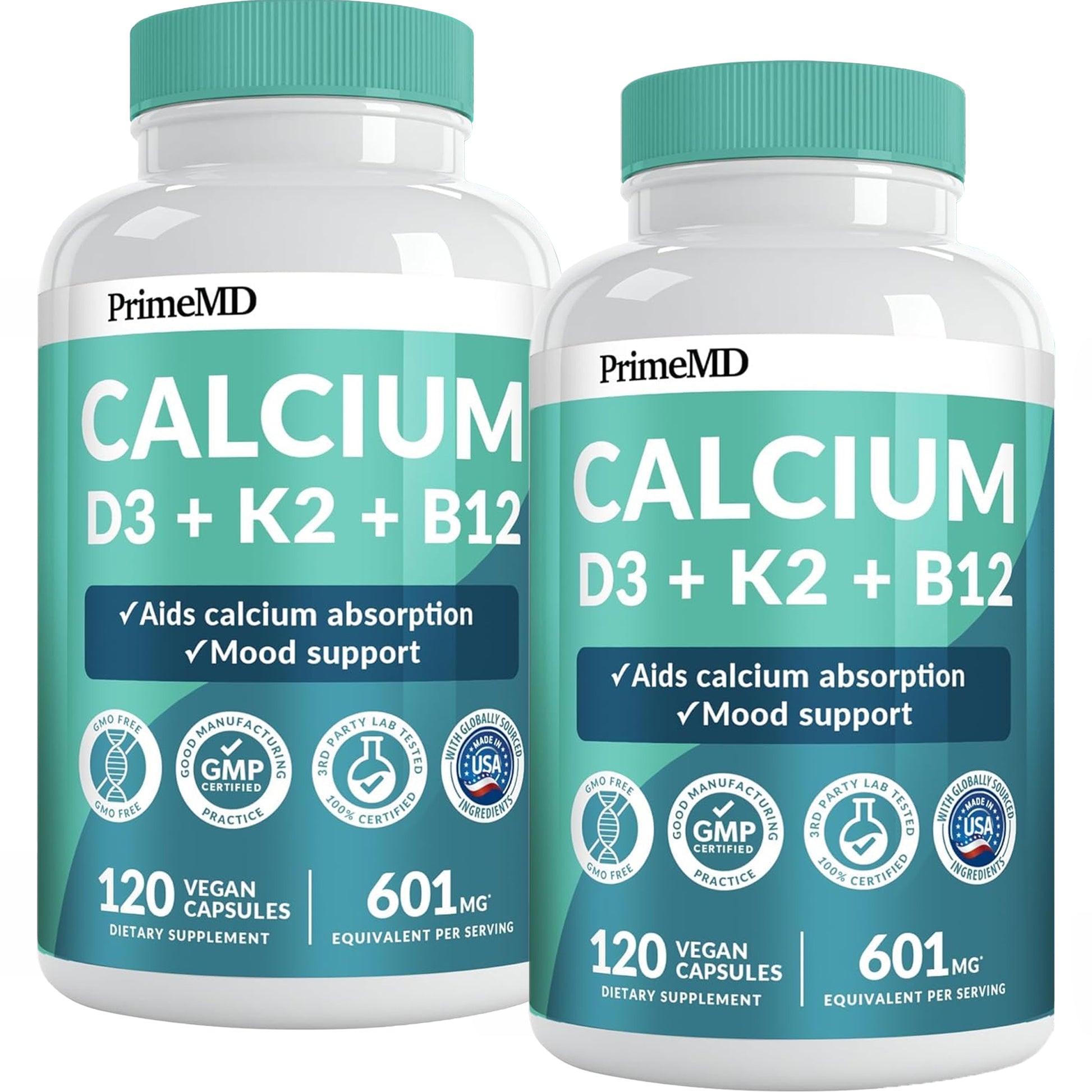 4-in-1 Calcium Supplements for Women and Men - Calcium with Vitamin D3 K2 5000 IU Supplement, 601mg per Serving for Heart, Bones & Body Defenses - Gluten-Free, Vegan-Friendly - PrimeMD
