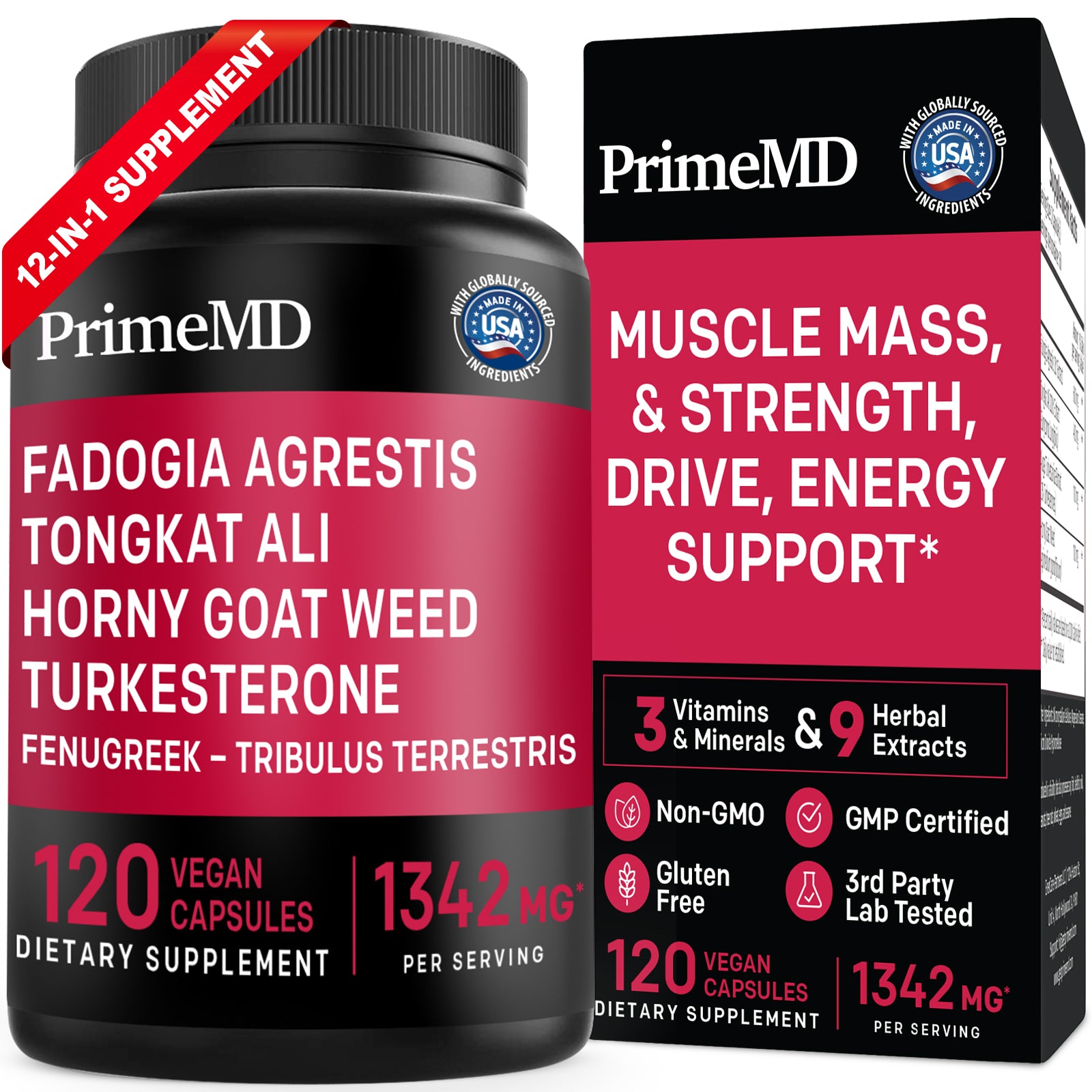 PrimeMD 12-in-1 Fadogia Agrestis and Tongkat Ali - Testosterone Supplement for Men with Turkesterone - HornyGoatWeed for Men for Overall Well-Being - PrimeMD