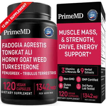 PrimeMD 12-in-1 Fadogia Agrestis and Tongkat Ali - Testosterone Supplement for Men with Turkesterone - HornyGoatWeed for Men for Overall Well-Being - PrimeMD