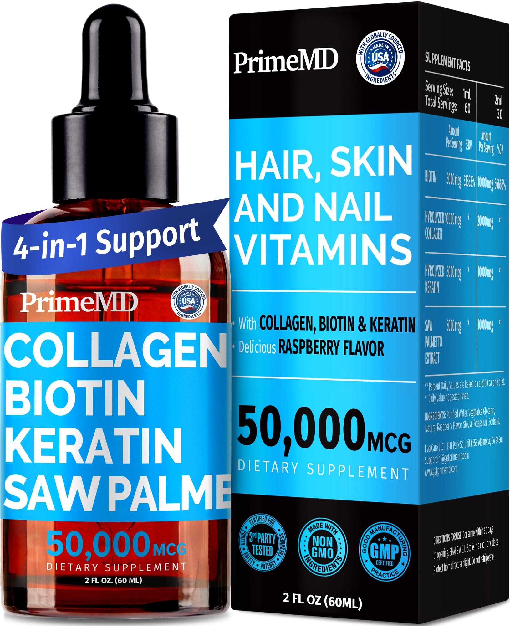 Liquid Collagen Peptides for Women - Serum Complex with Biotin Vitamin, Hydrolyzed Keratin Protein and Saw Palmetto - Comprehensive Formula for Hair, Skin, and Nails Wellness - 2fl oz - PrimeMD