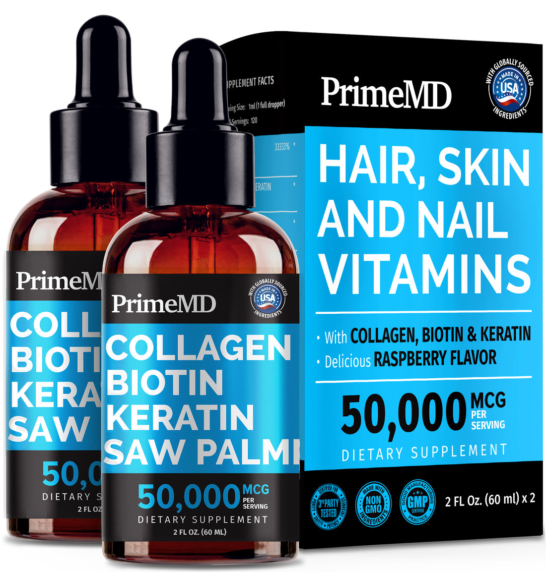 Liquid Collagen Peptides for Women - Serum Complex with Biotin Vitamin, Hydrolyzed Keratin Protein and Saw Palmetto - Comprehensive Formula for Hair, Skin, and Nails Wellness - 2fl oz - PrimeMD