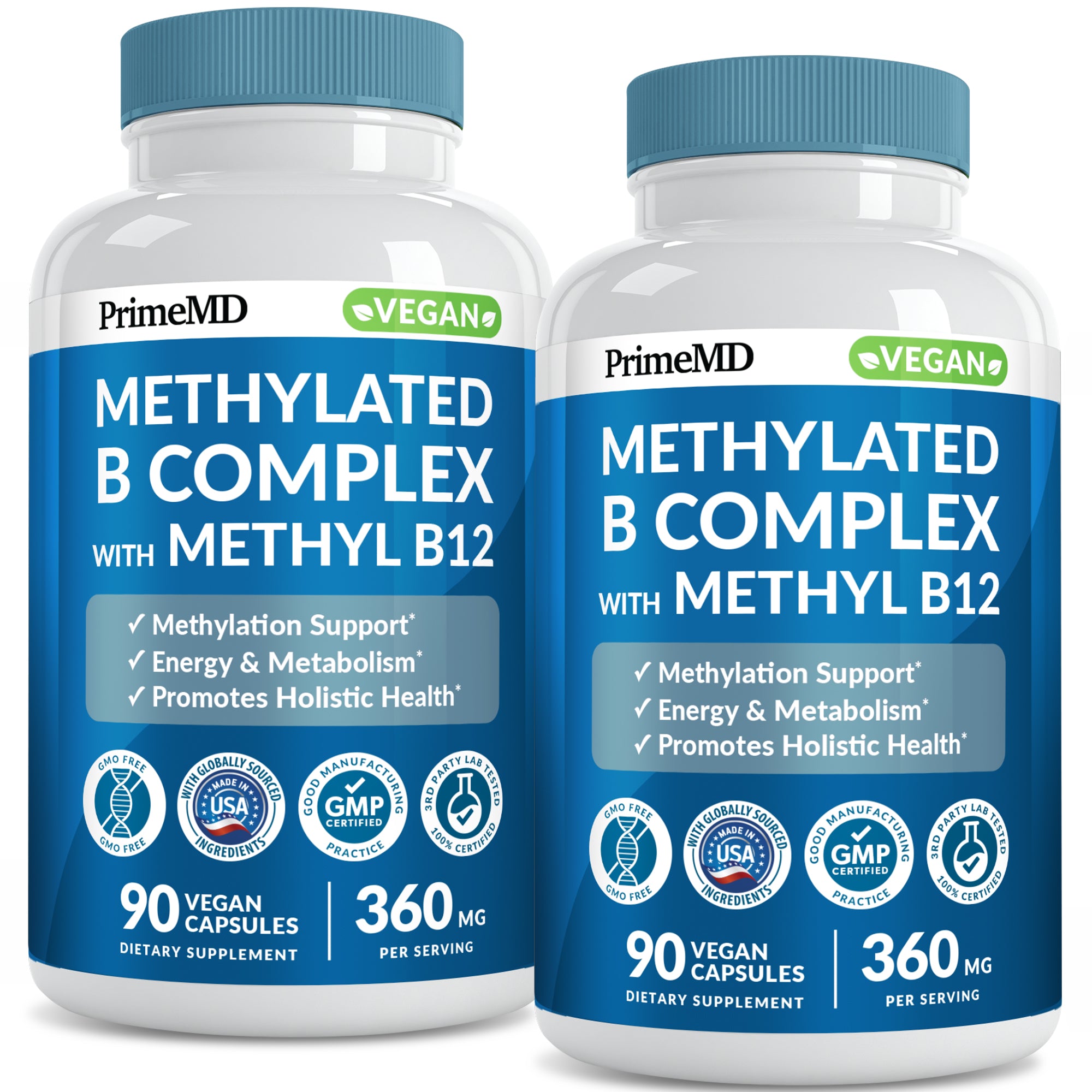 Methylated B Complex with Methylfolate and B12 Methylcobalamin 1000 mcg - Methylated Multivitamin for Energy, Brain Function, and Wellness - Vitamin B Complex for Men & Women - PrimeMD