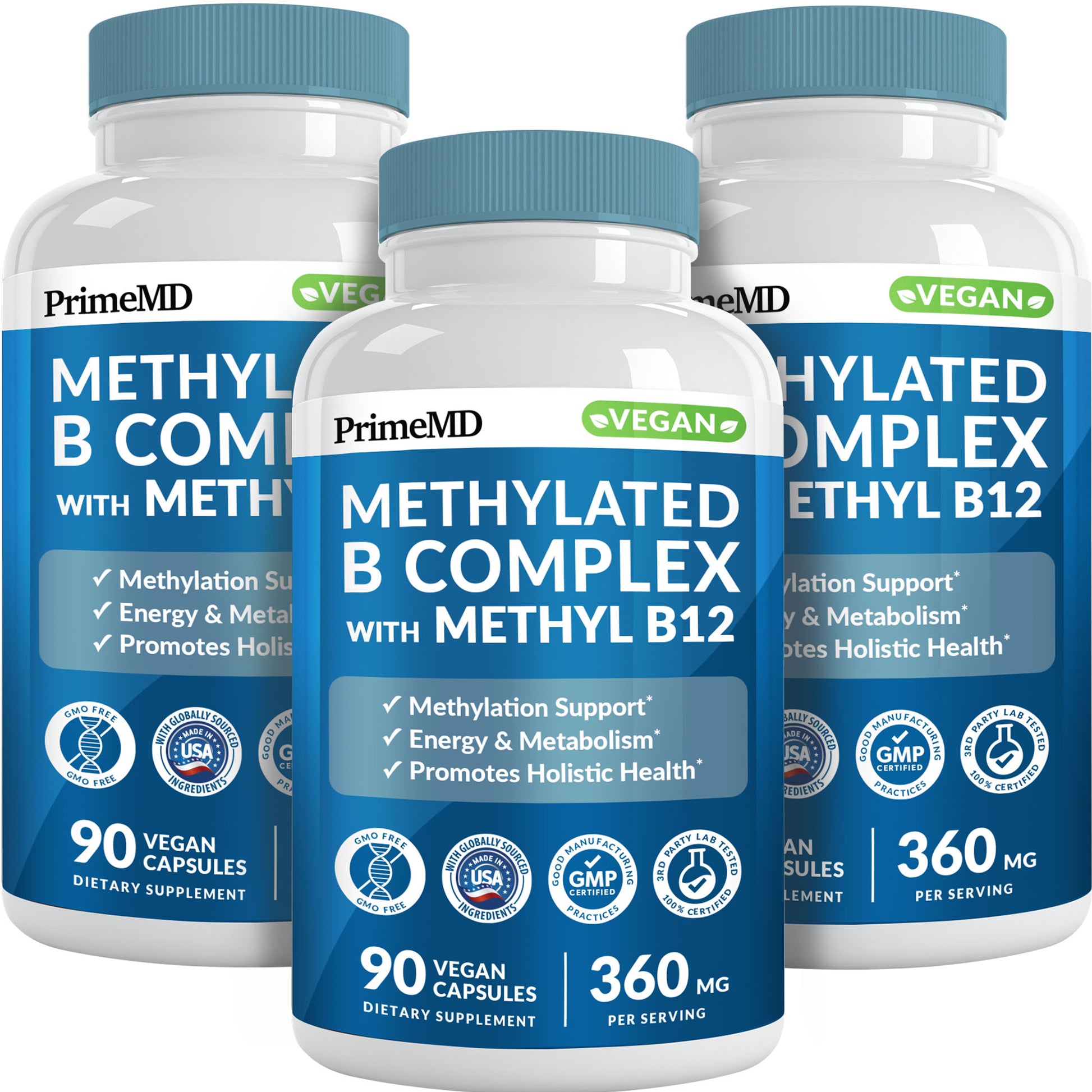Methylated B Complex with Methylfolate and B12 Methylcobalamin 1000 mcg - Methylated Multivitamin for Energy, Brain Function, and Wellness - Vitamin B Complex for Men & Women - PrimeMD