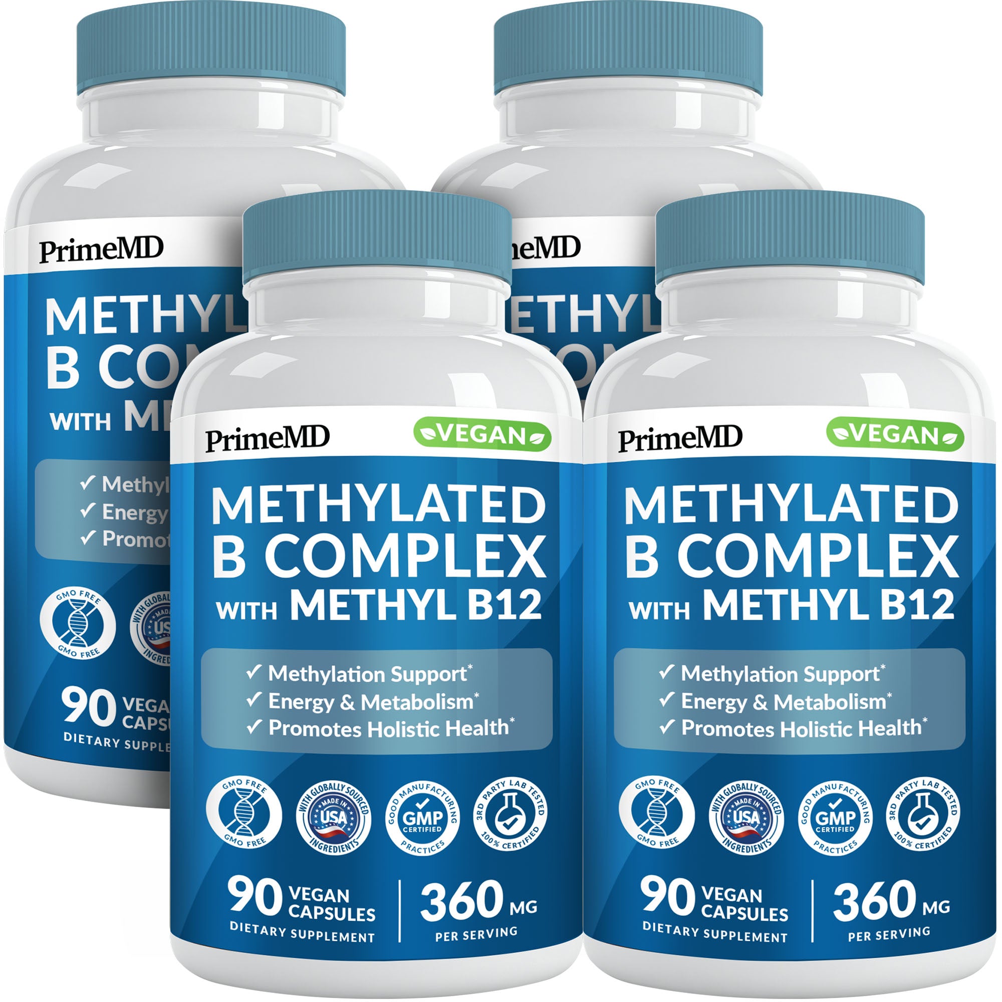 Methylated B Complex with Methylfolate and B12 Methylcobalamin 1000 mcg - Methylated Multivitamin for Energy, Brain Function, and Wellness - Vitamin B Complex for Men & Women - PrimeMD