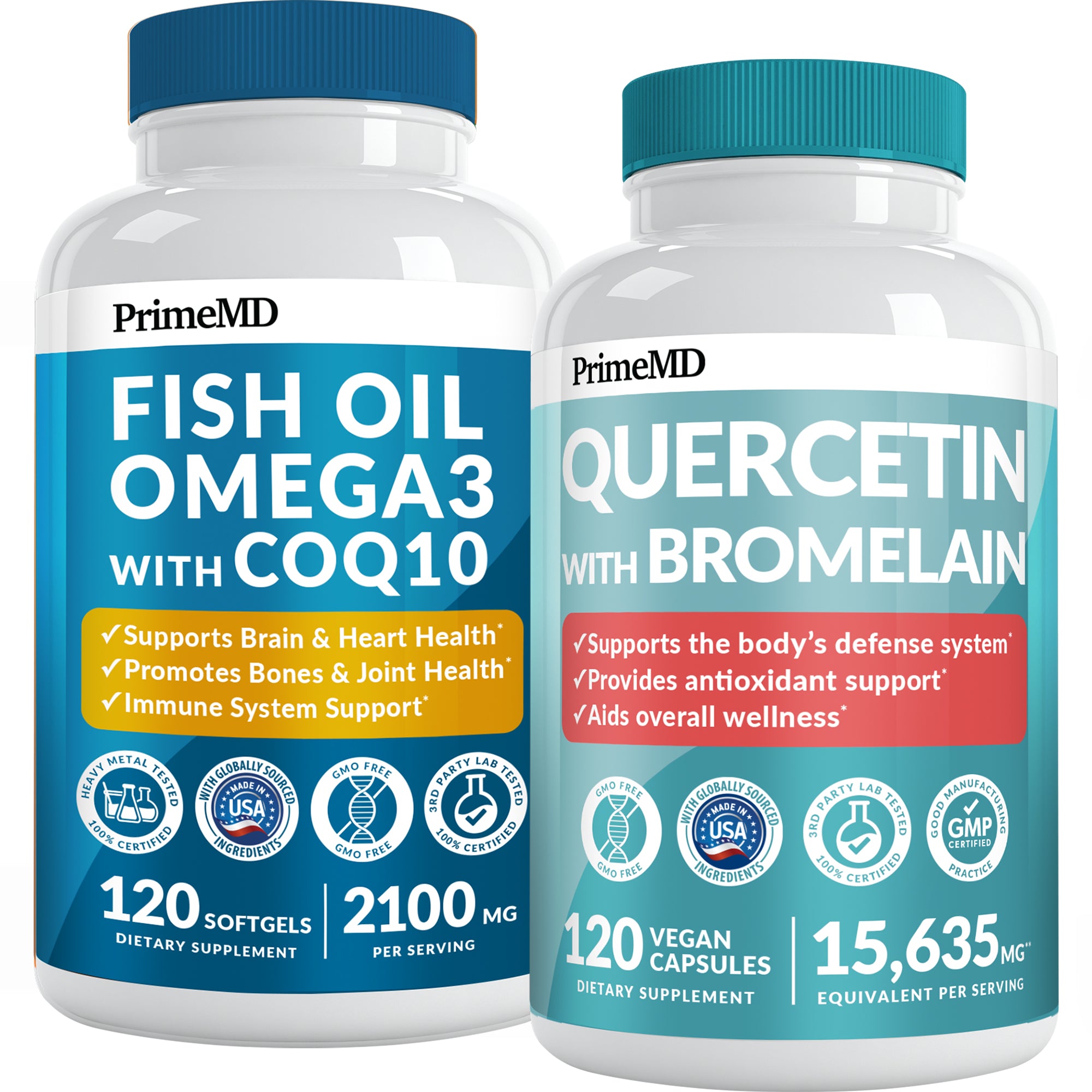 4-in-1 Fish Oil Omega 3 Supplements (2100mg) - Omega 3 Fish Oil with Vitamins D3 & K2 and CoQ10 & 28-in-1 Quercetin with Bromelain Supplement for Daily Immune Defense Support - PrimeMD