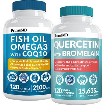 4-in-1 Fish Oil Omega 3 Supplements (2100mg) - Omega 3 Fish Oil with Vitamins D3 & K2 and CoQ10 & 28-in-1 Quercetin with Bromelain Supplement for Daily Immune Defense Support - PrimeMD